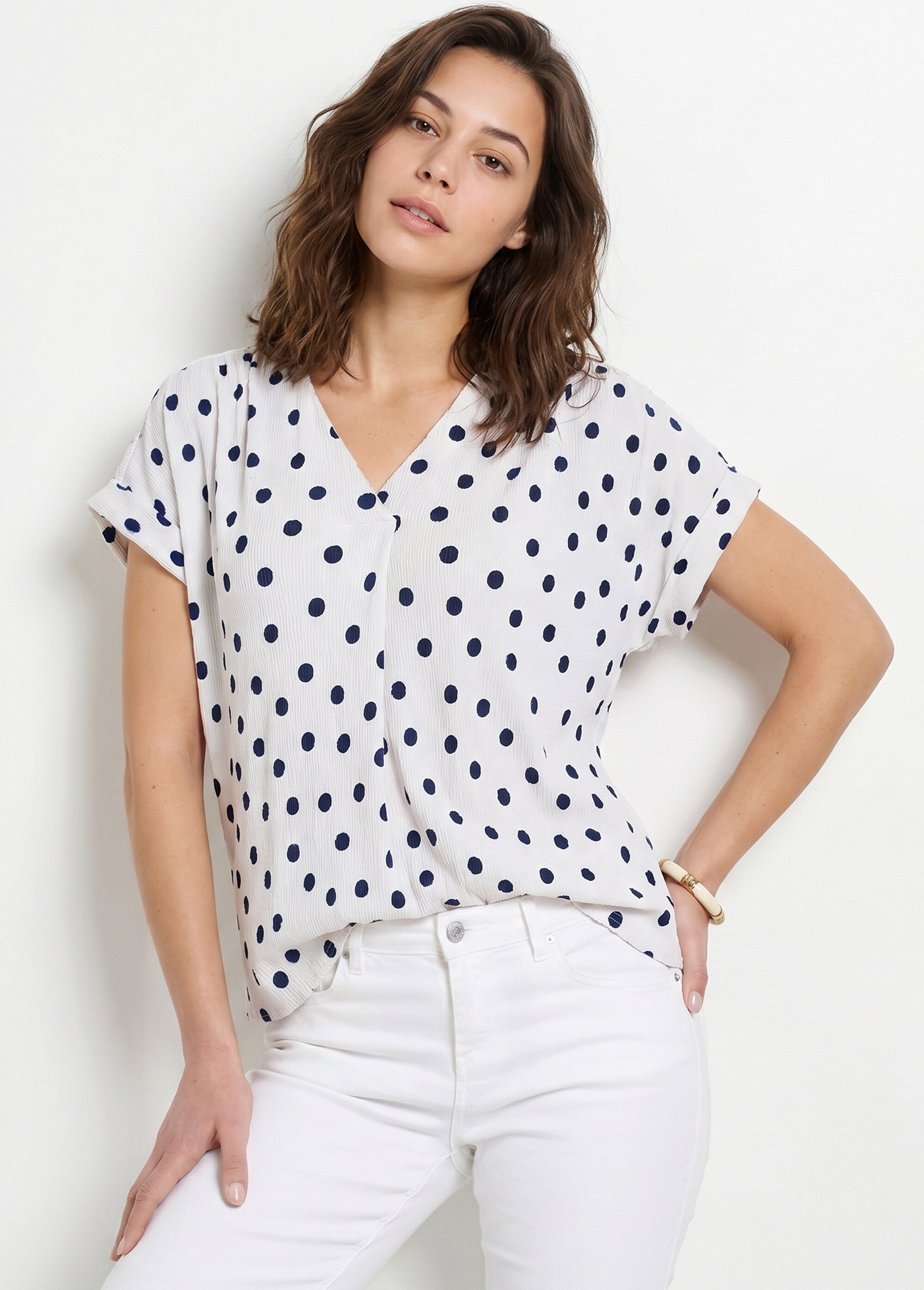 T-shirt ample imprimé pois col V Femme Blanc CEDIA MV1