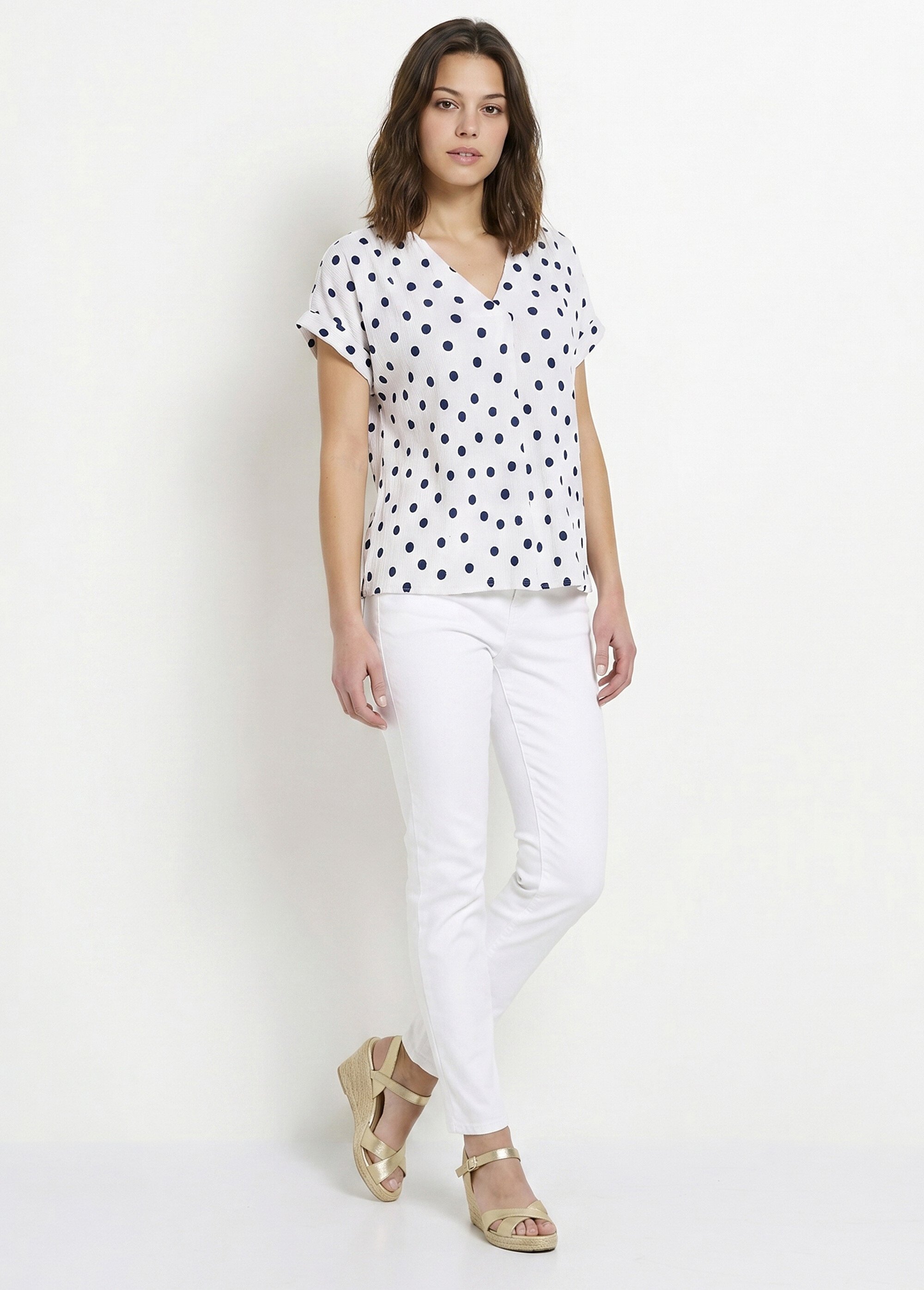 T-shirt ample imprimé pois col V Femme Blanc CEDIA SI1