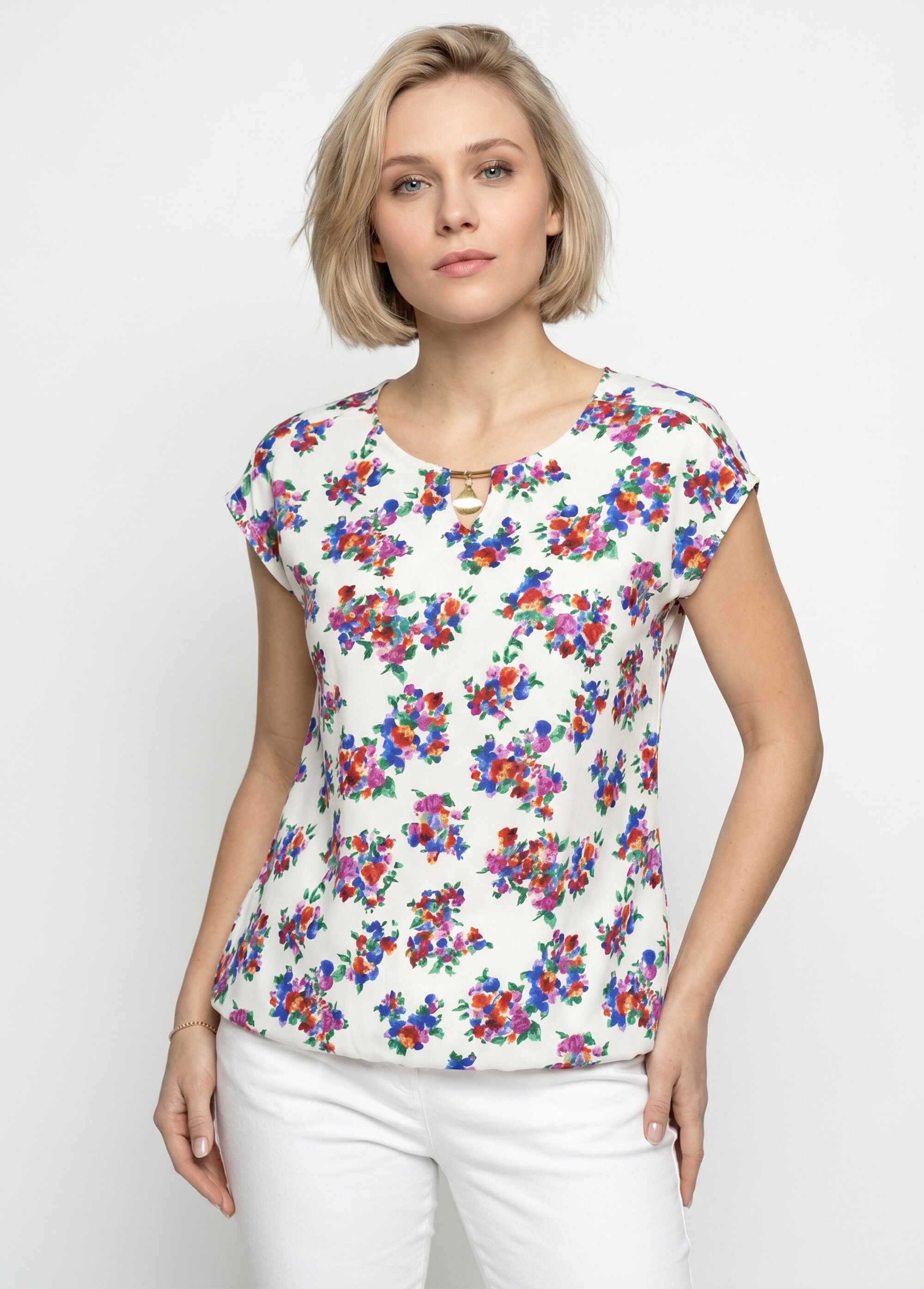T-shirt blousant col bijou fleuri Femme Blanc CALIA FA1