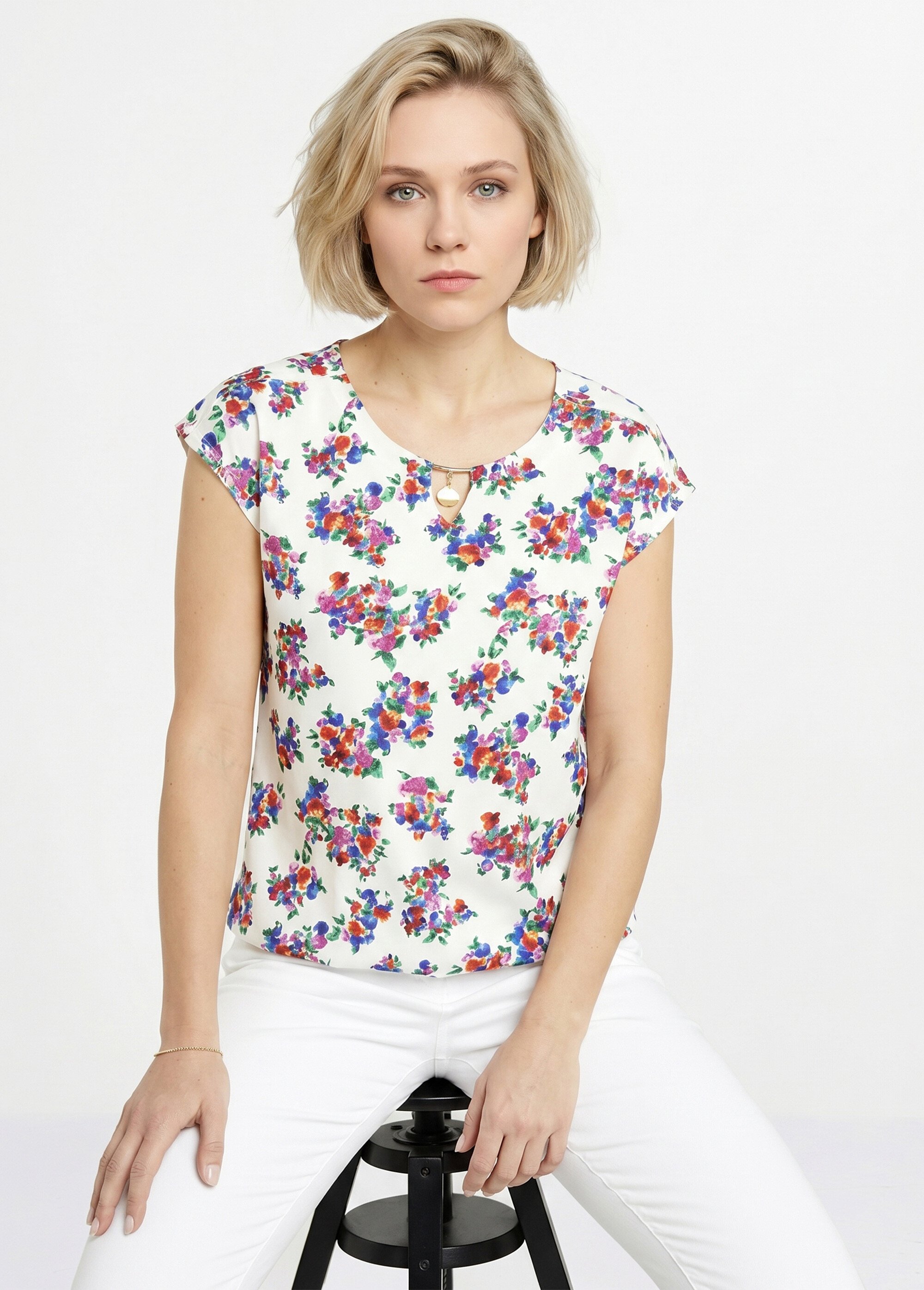 T-shirt blousant col bijou fleuri Femme Blanc CALIA MV1