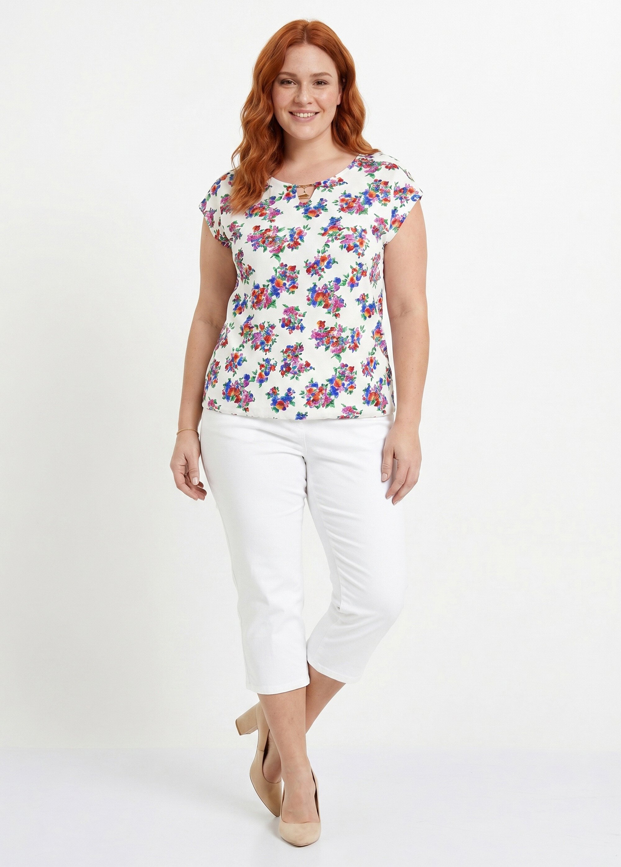 T-shirt blousant col bijou fleuri Femme Grande Taille Blanc CALIA SI1