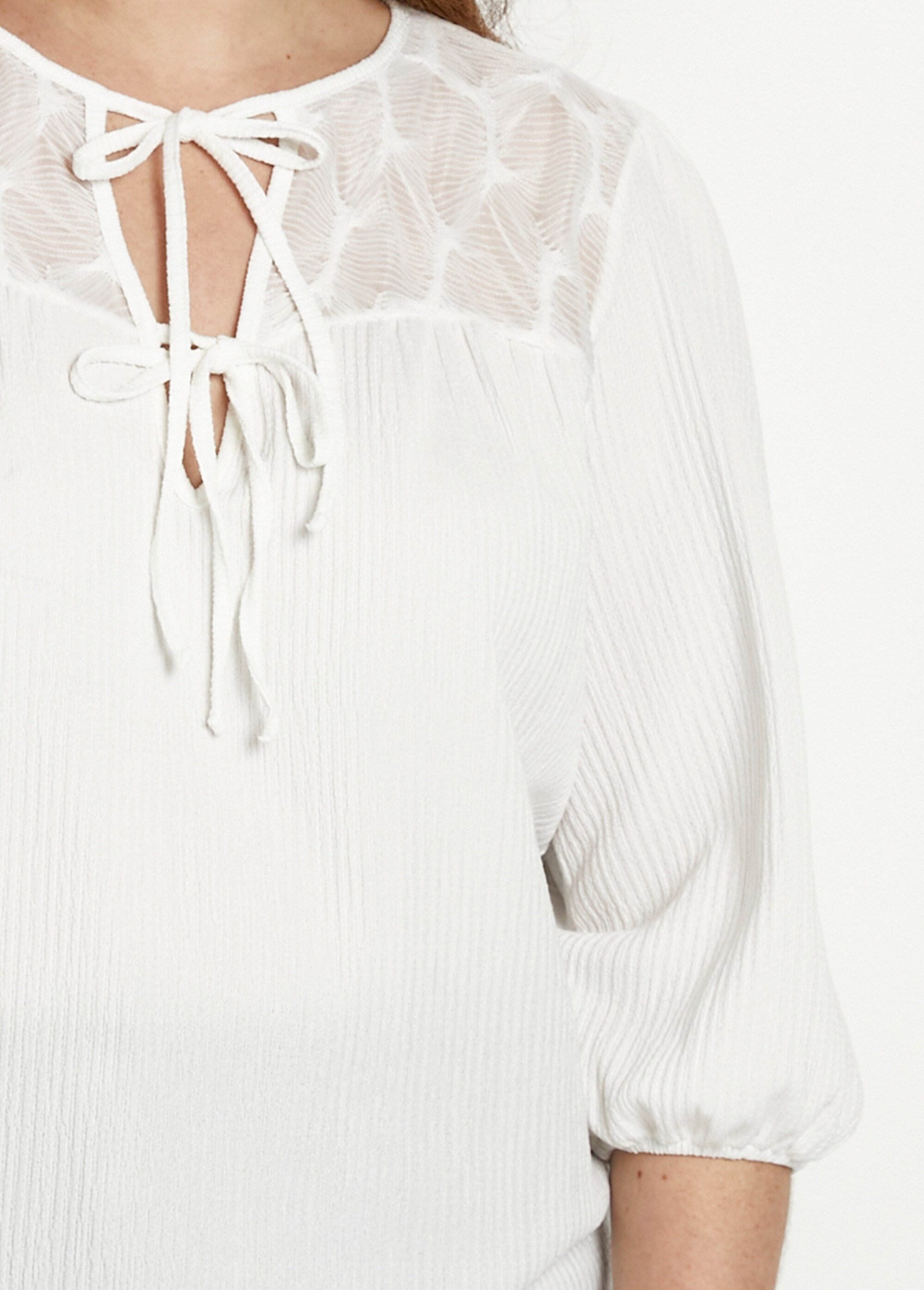 T-shirt col V à nouer manches 3/4 voile Femme Blanc CELANIE DE1