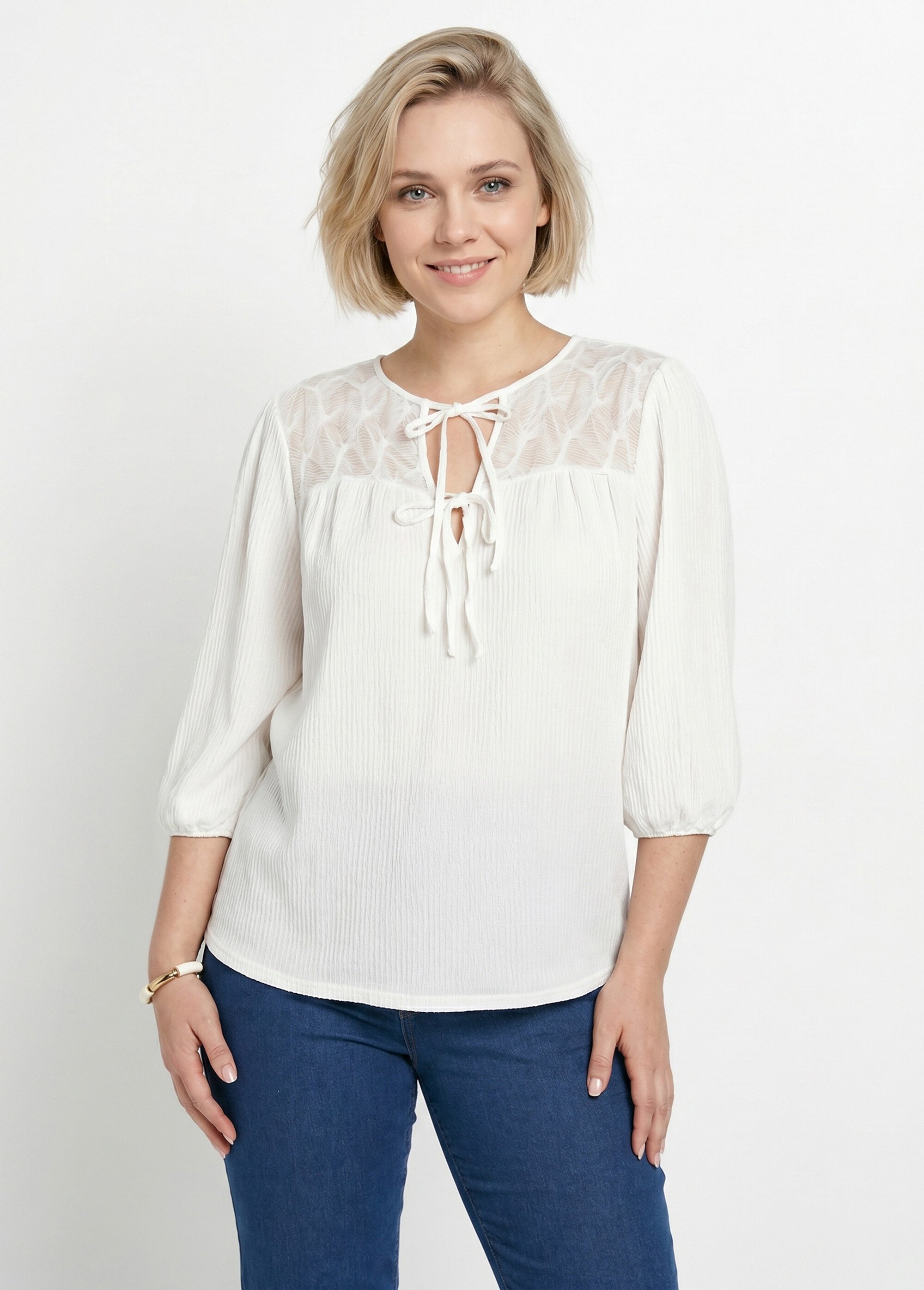 T-shirt col V à nouer manches 3/4 voile Femme Blanc CELANIE FA1