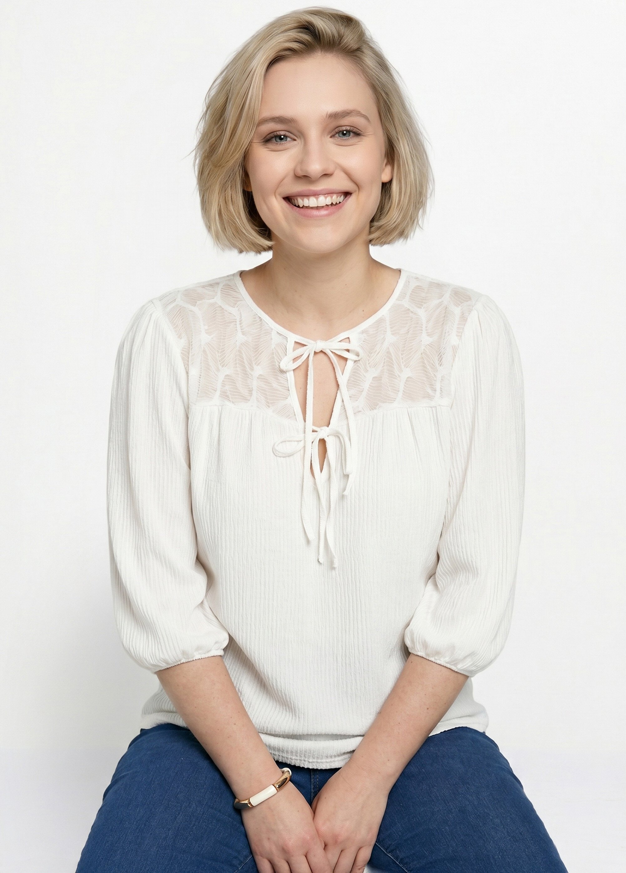 T-shirt col V à nouer manches 3/4 voile Femme Blanc CELANIE MV1