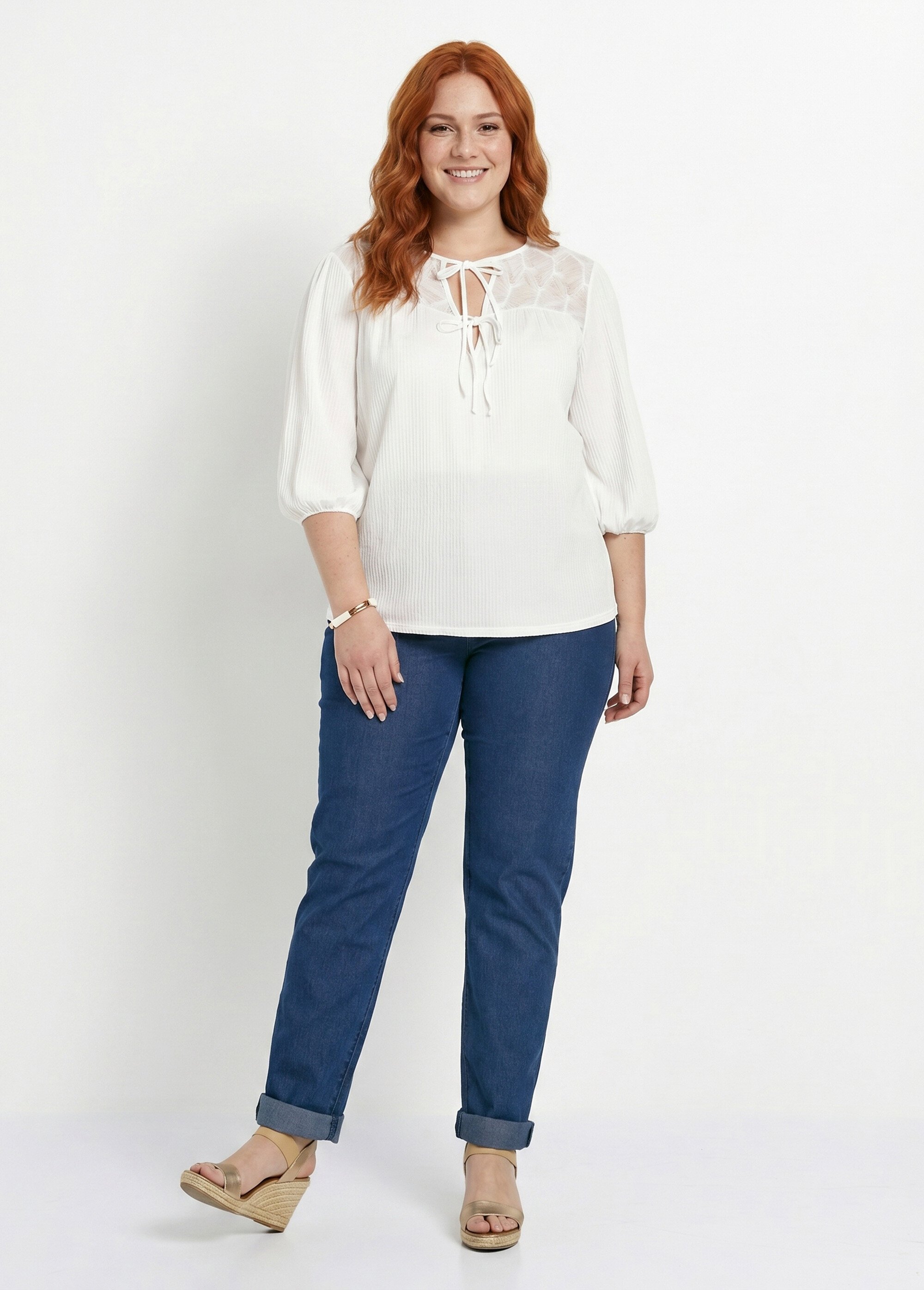 T-shirt col V à nouer manches 3/4 voile Femme Grande Taille Blanc CELANIE SI1