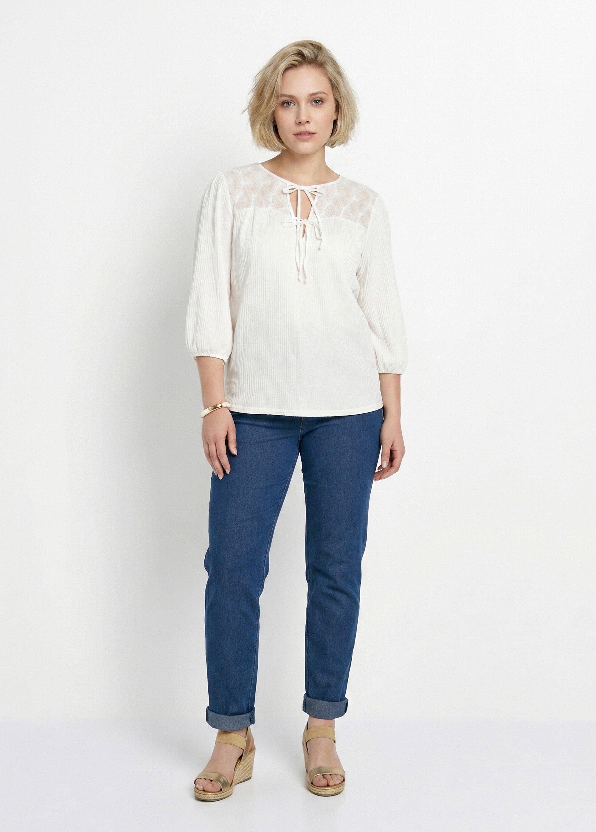 T-shirt col V à nouer manches 3/4 voile Femme Blanc CELANIE SI1