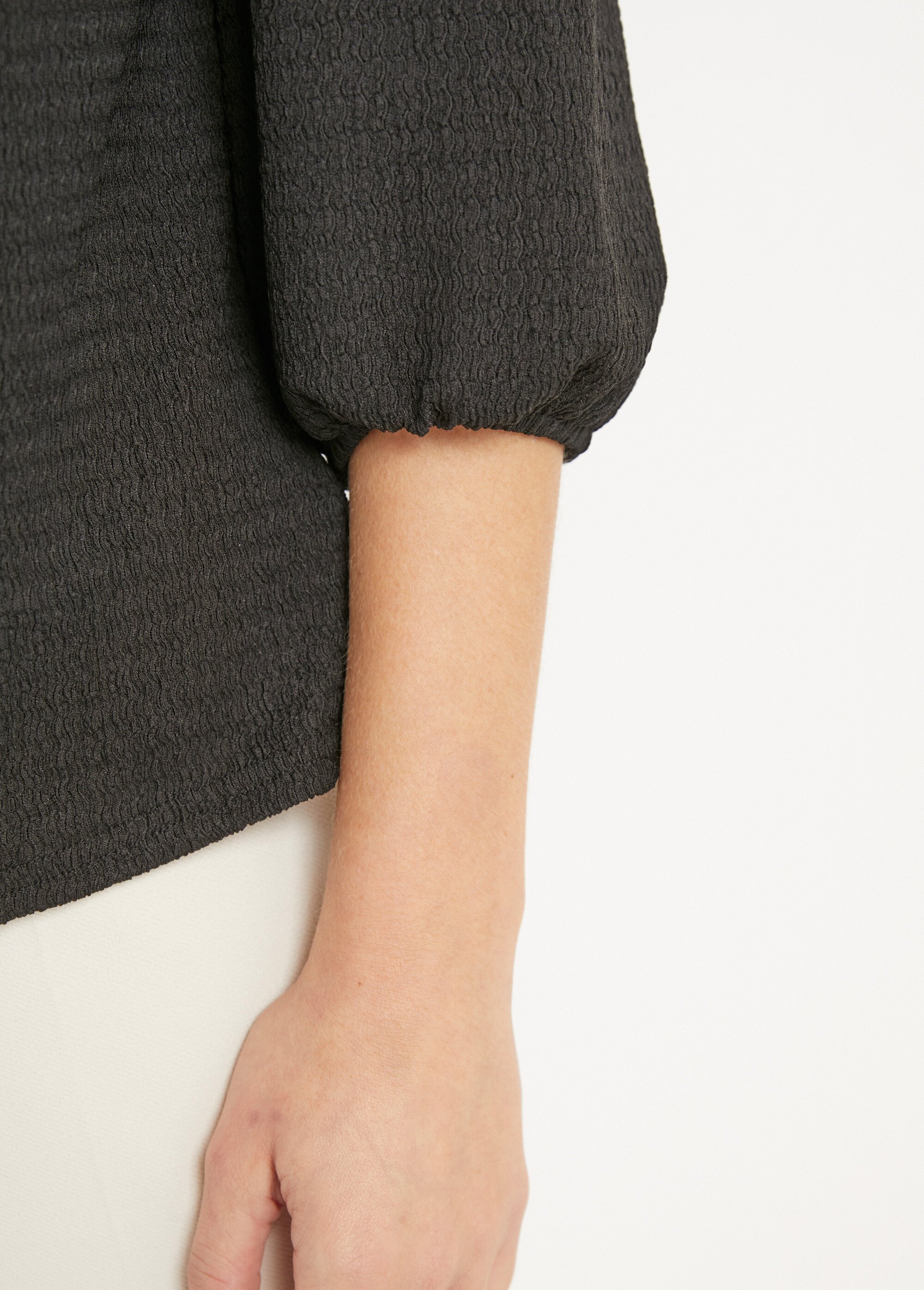 T-shirt col V à nouer manches 3/4 voile Femme Noir CELANIE DE2