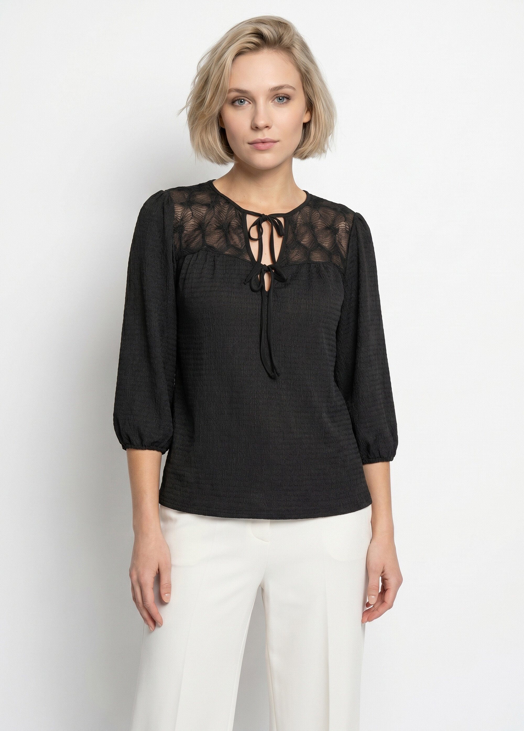 T-shirt col V à nouer manches 3/4 voile Femme Noir CELANIE FA1