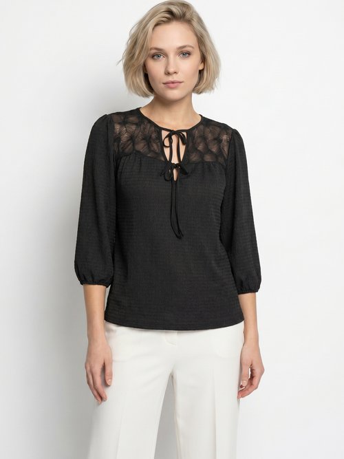 T-shirt col V à nouer manches 3/4 voile Femme Noir CELANIE FA1