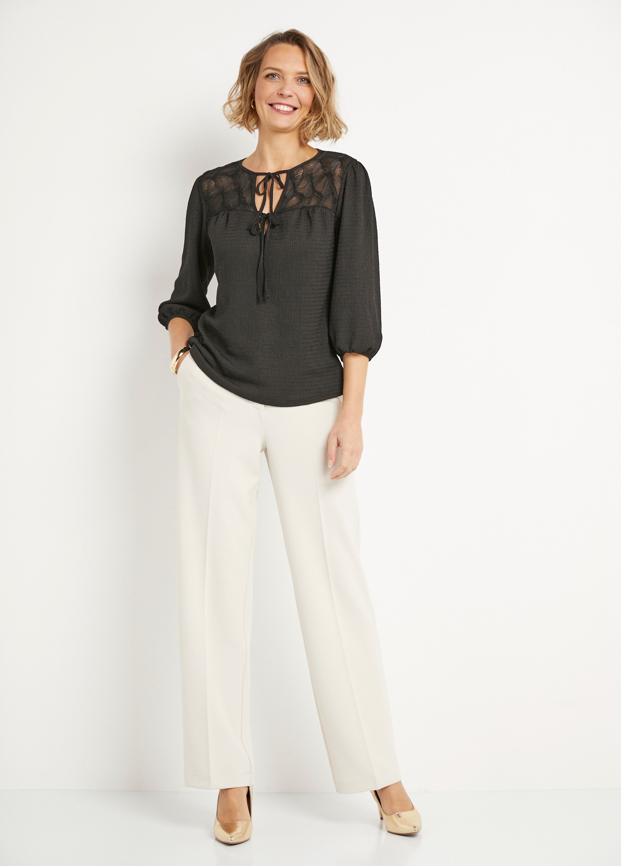 Chemisier Femme Style Années 90 En Jean - Manches 3/4, Boutonnage Devant, Nœud à Nouer - Look Décontracté & Tendance