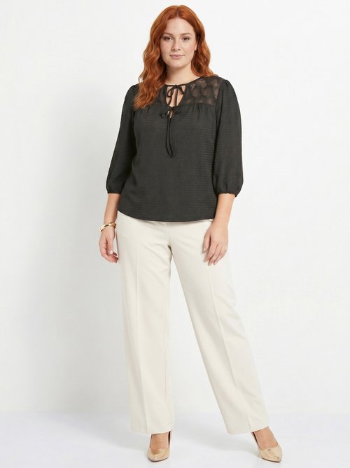 T-shirt col V à nouer manches 3/4 voile Femme Grande Taille Noir CELANIE SI1