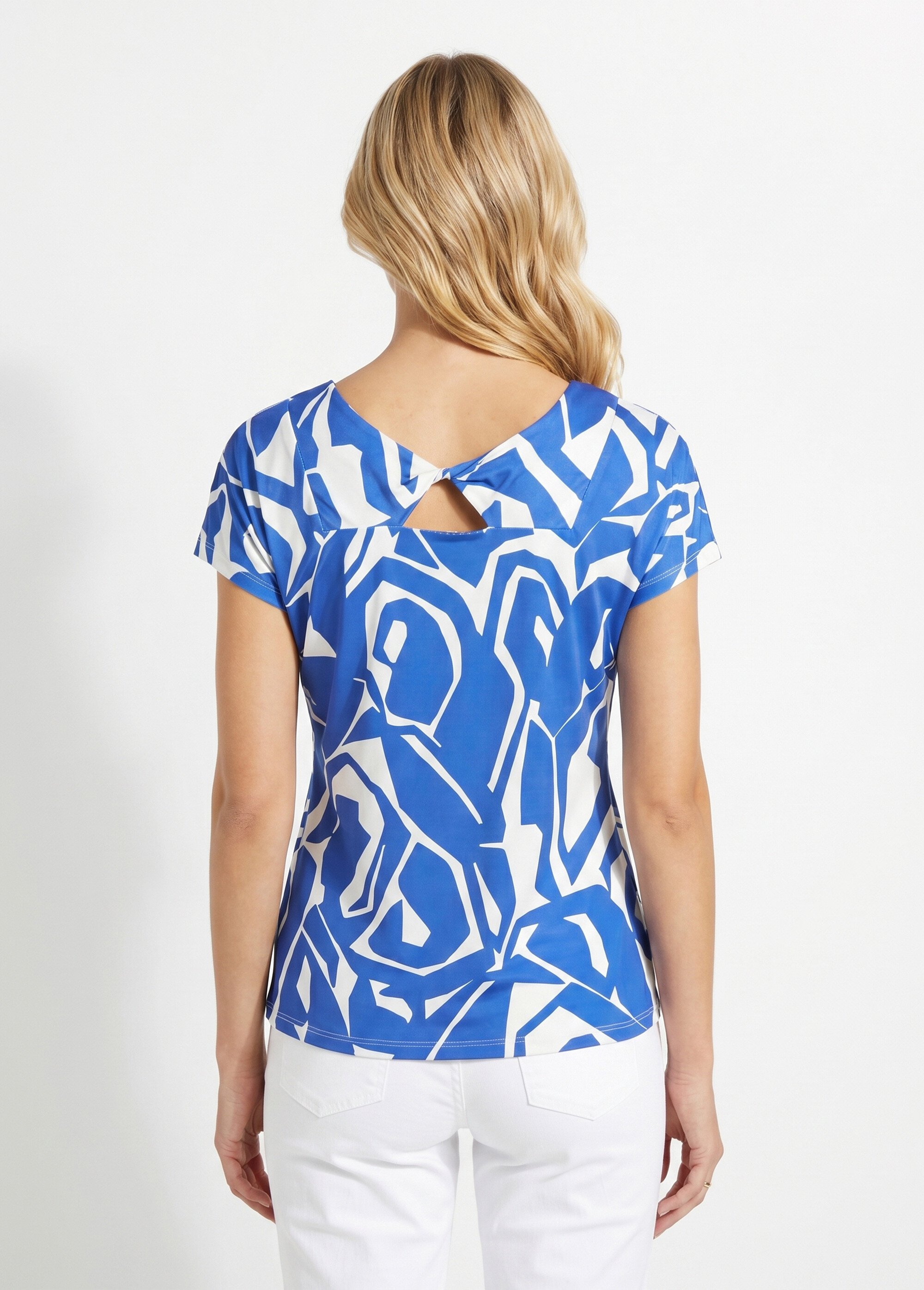 T-shirt droit court col V imprimé graphique Femme Bleu CAMAIL DO1
