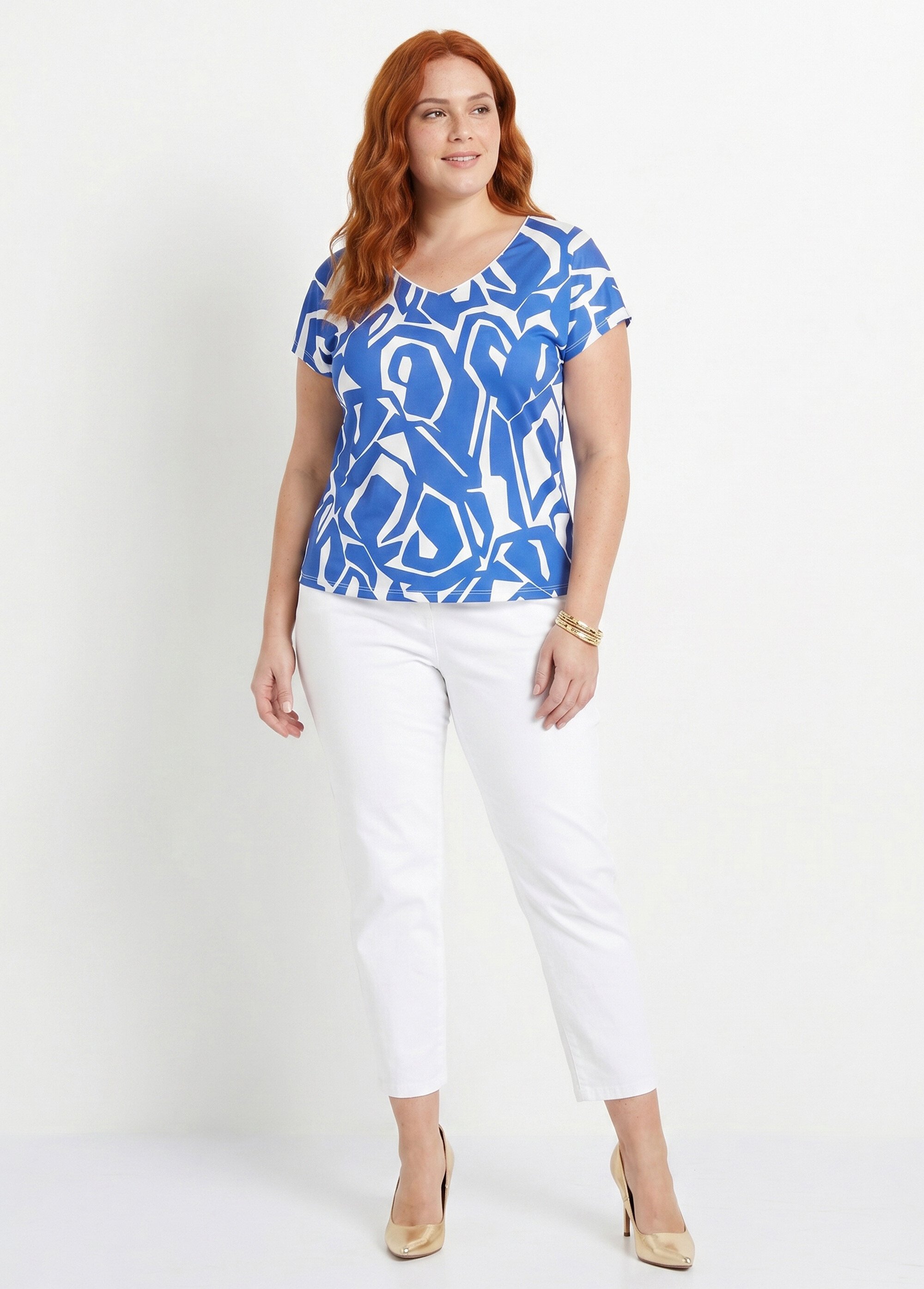 T-shirt droit court col V imprimé graphique Femme Grande Taille Bleu CAMAIL SI1
