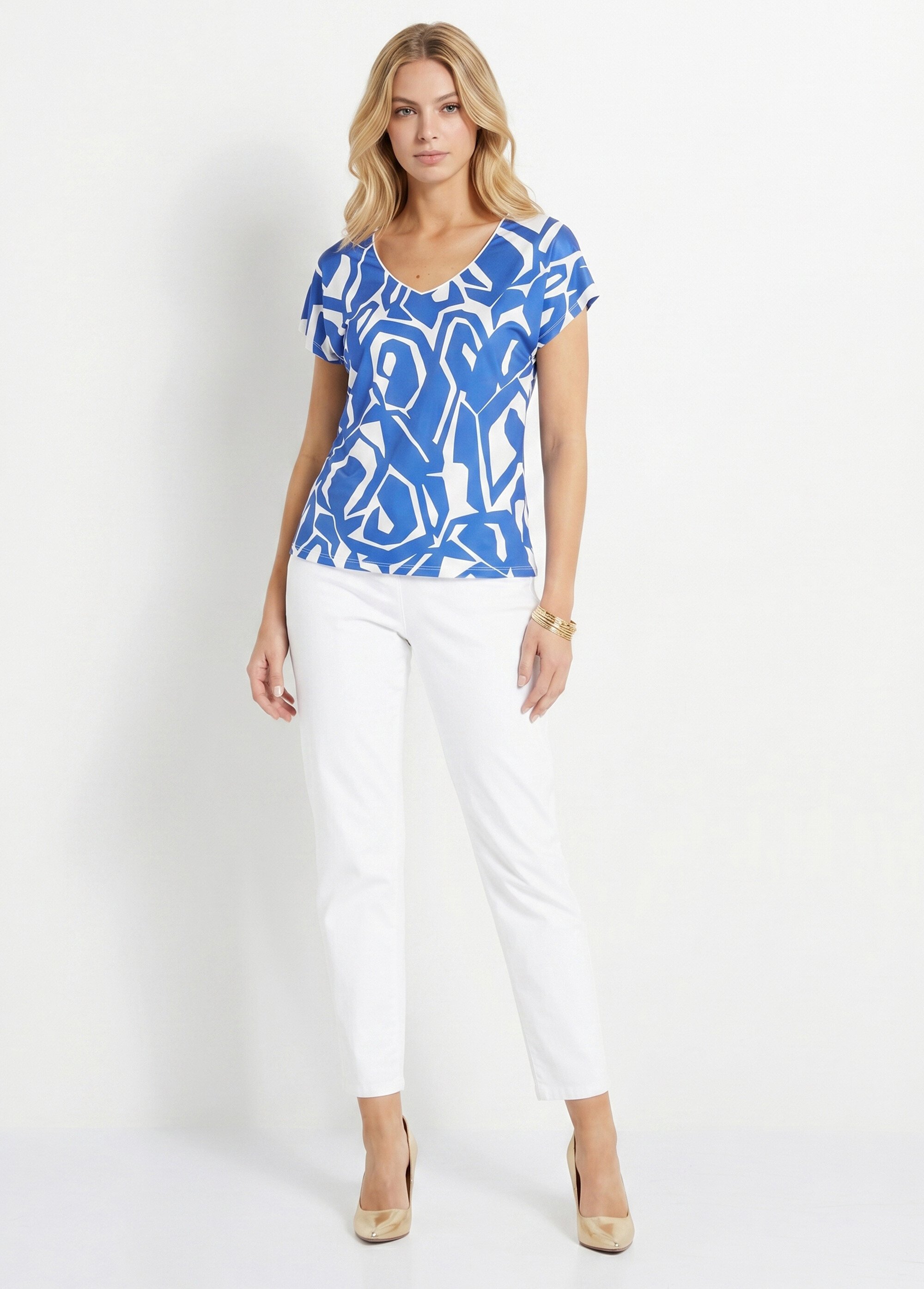 T-shirt droit court col V imprimé graphique Femme Bleu CAMAIL SI1
