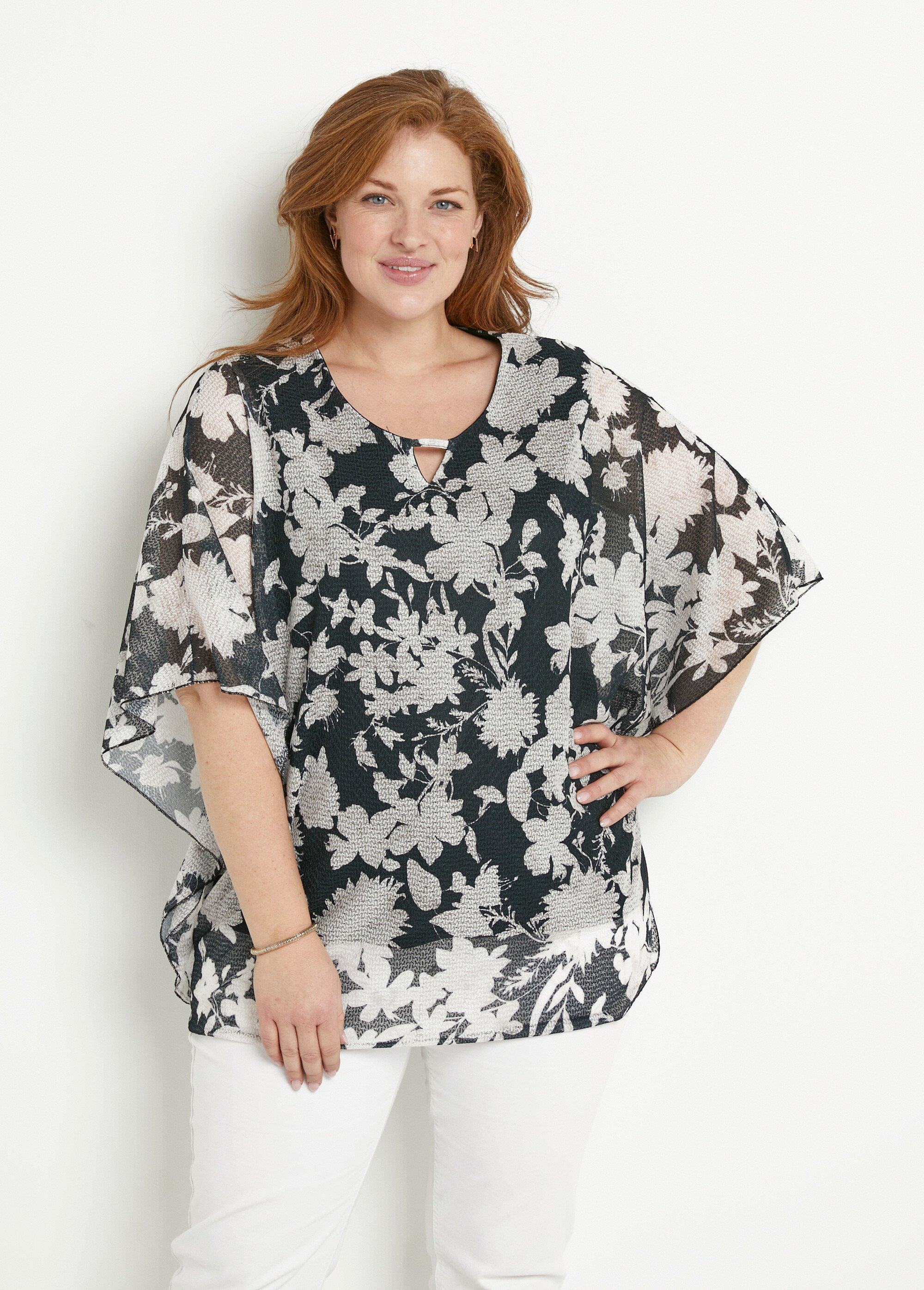 T-shirt long fleuri manches chauve-souris