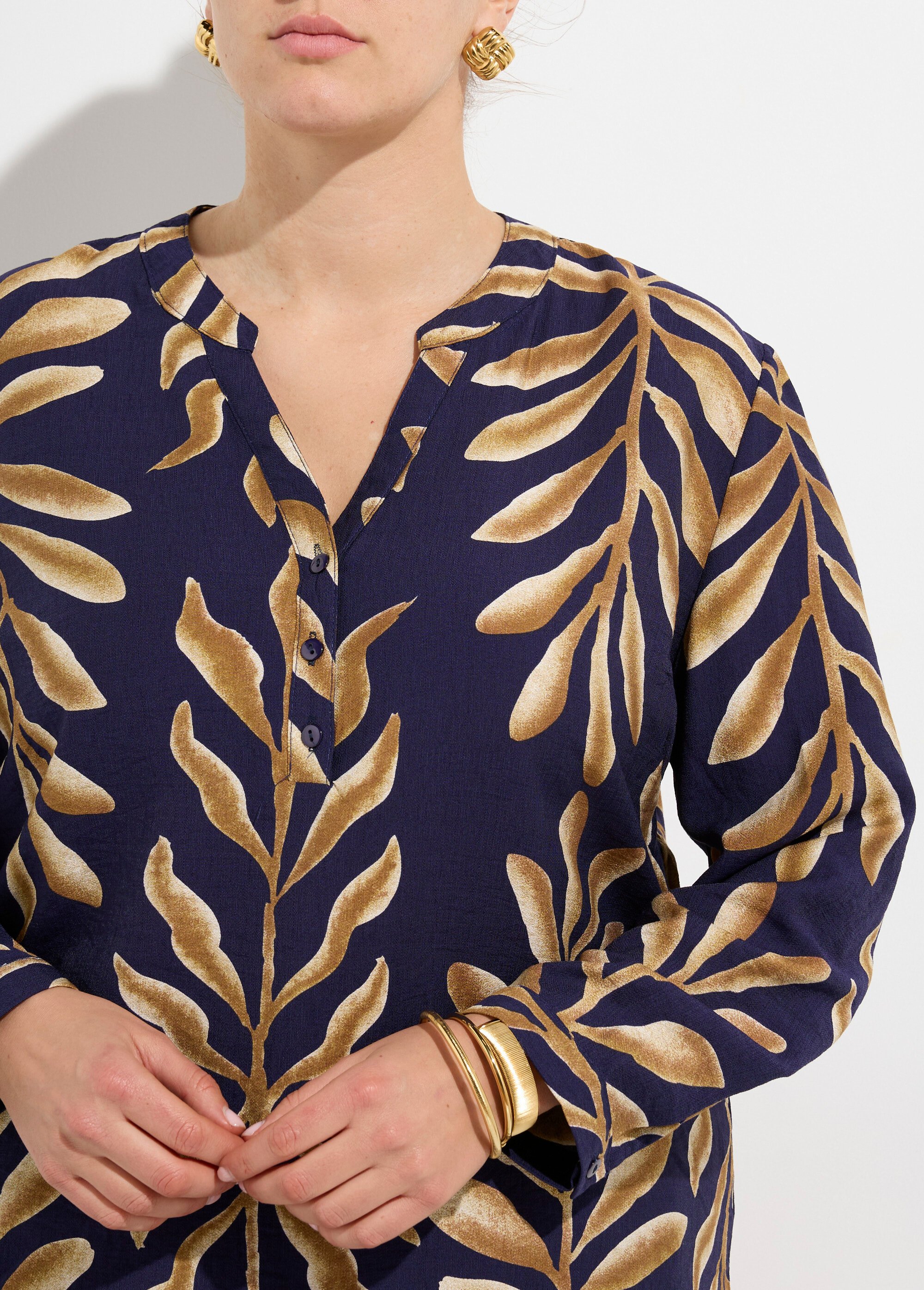 Tunique col V boutonné, motif feuilles Femme Grande Taille Bleu CHY-F646 DE1