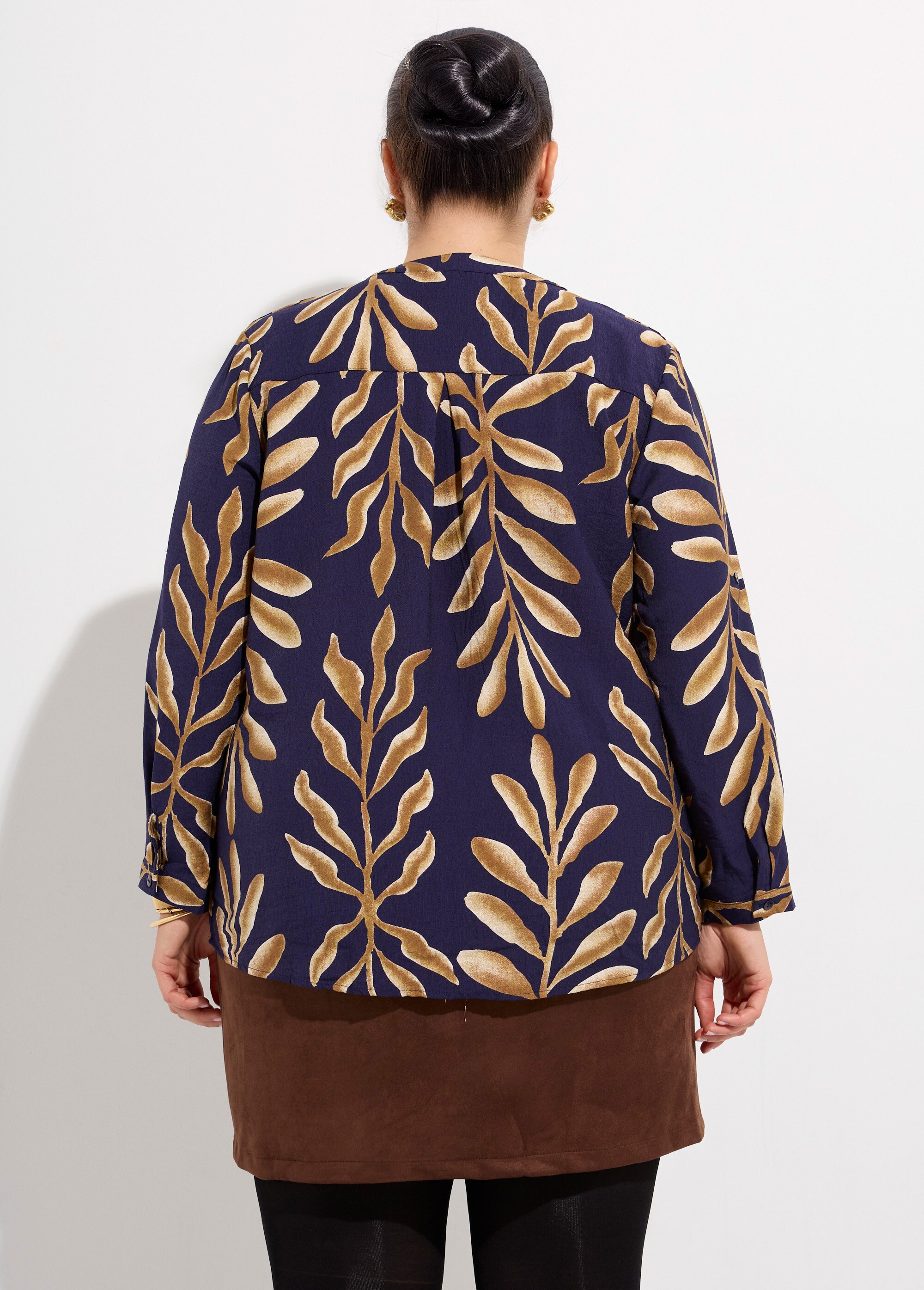 Tunique col V boutonné, motif feuilles Femme Grande Taille Bleu CHY-F646 DO1