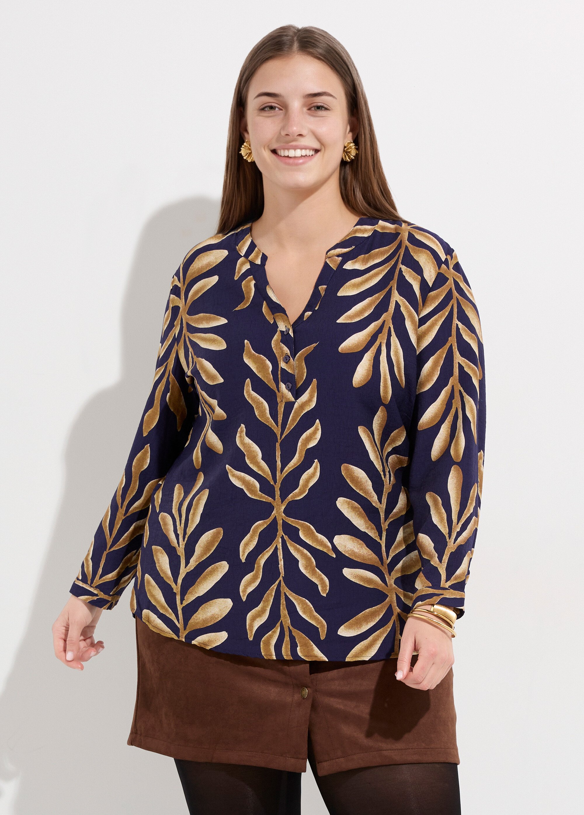 Tunique col V boutonné, motif feuilles Femme Grande Taille Bleu CHY-F646 FA1