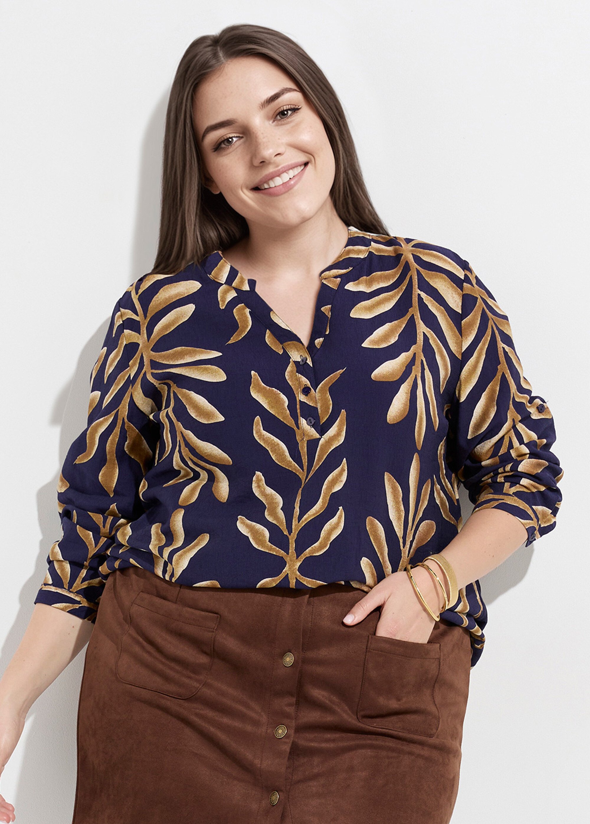 Tunique col V boutonné, motif feuilles