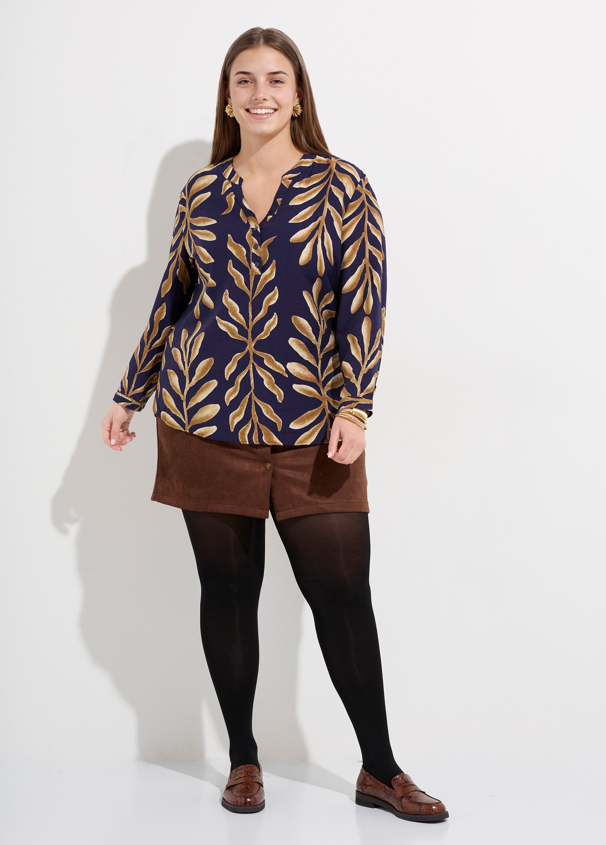 Tunique col V boutonné, motif feuilles Femme Grande Taille Bleu CHY-F646 SF1