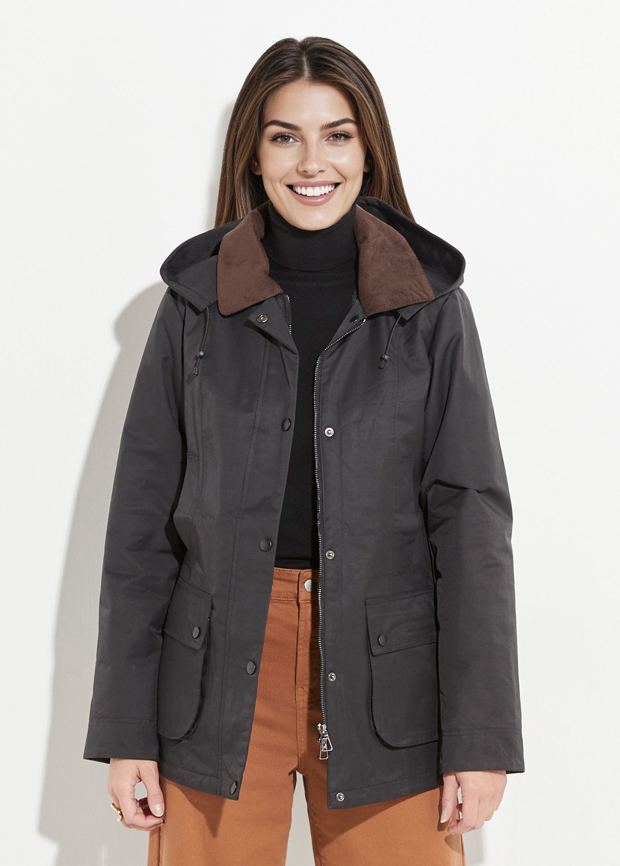 Veste déperlante courte avec col velours Femme Noir LJ-6084 FA1