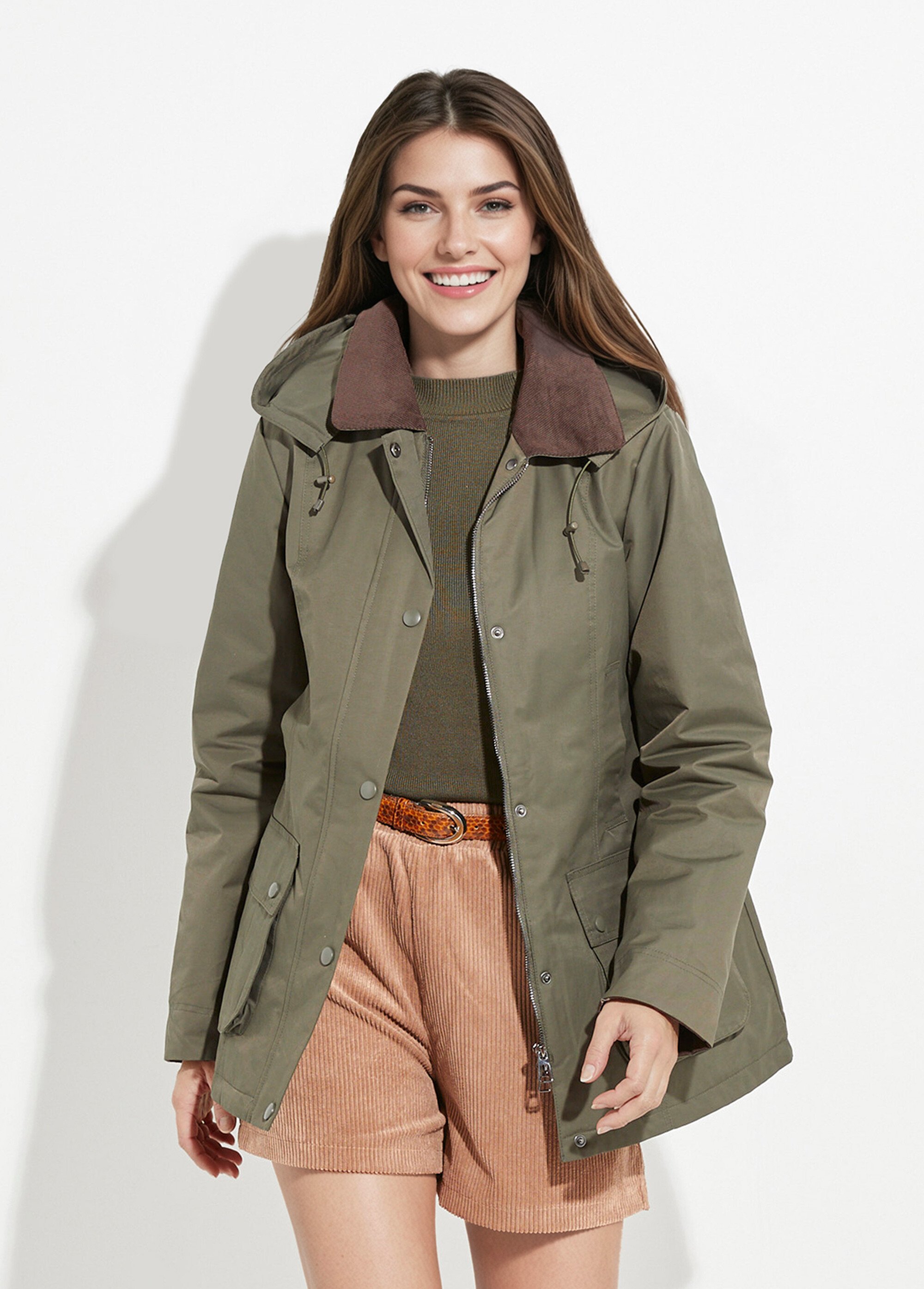 Veste déperlante courte avec col velours Femme Vert LJ-6084 FA1