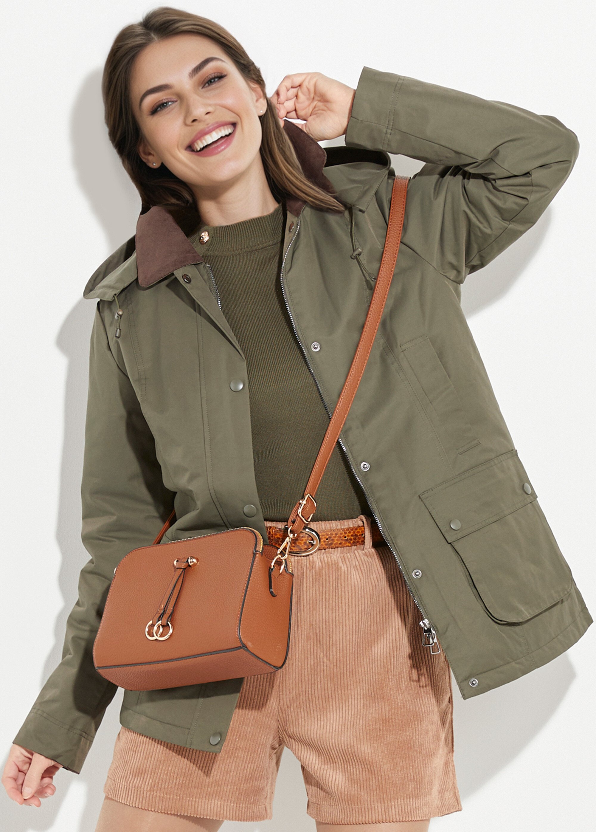 Veste déperlante courte avec col velours Femme Vert LJ-6084 MV1