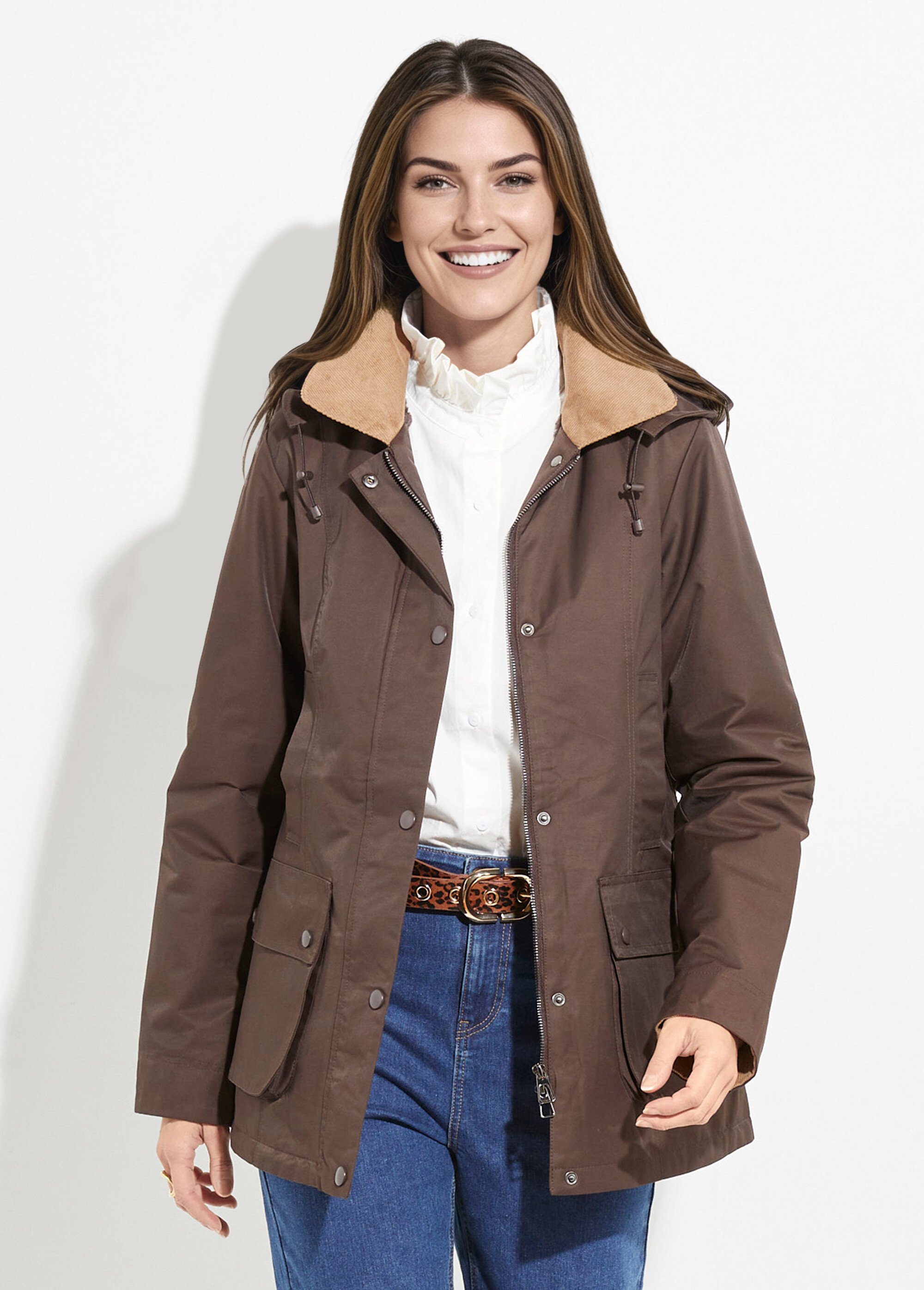 Veste déperlante courte avec col velours Femme Marron LJ-6084 FA1