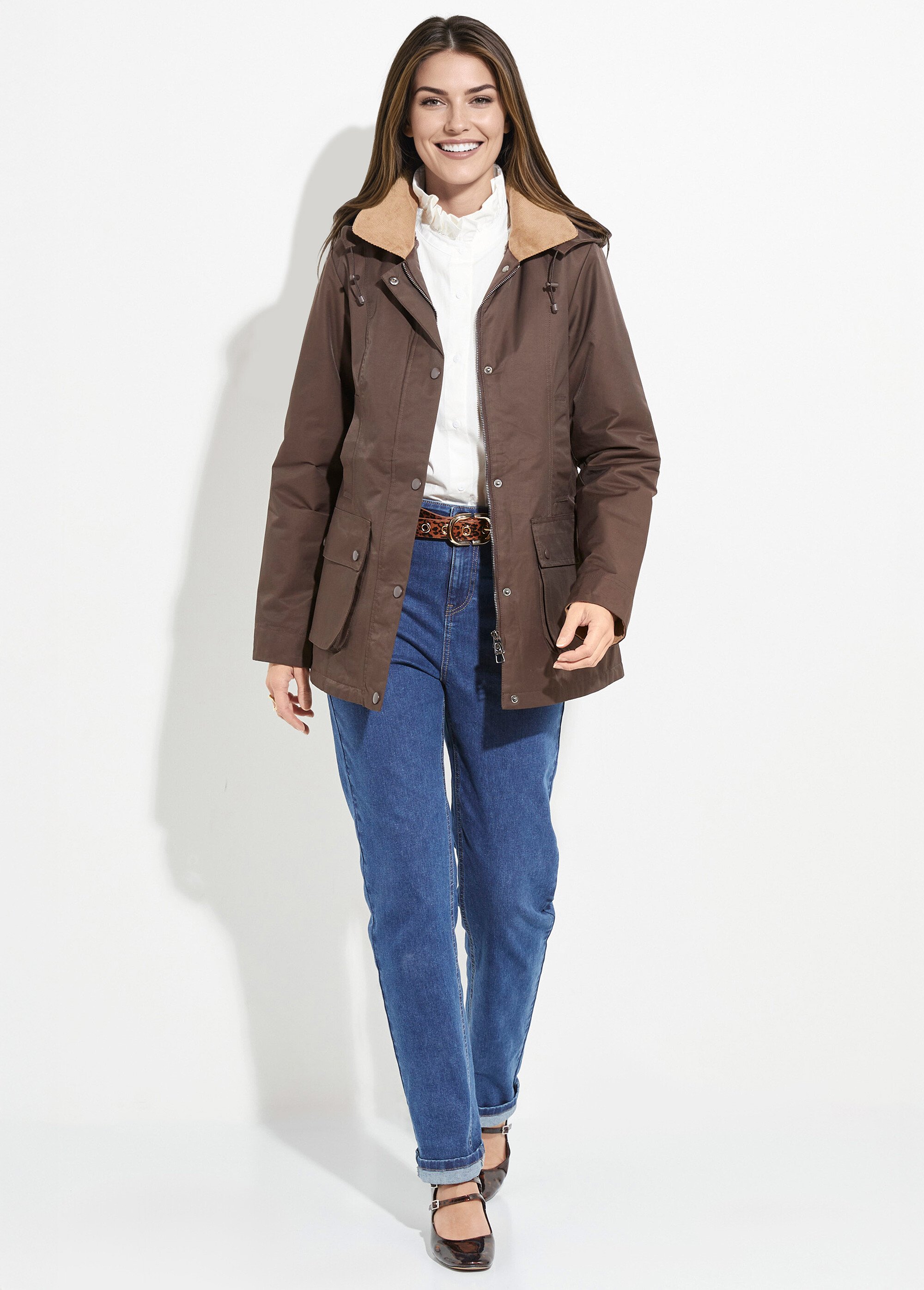 Veste déperlante courte avec col velours Femme Marron LJ-6084 SF1