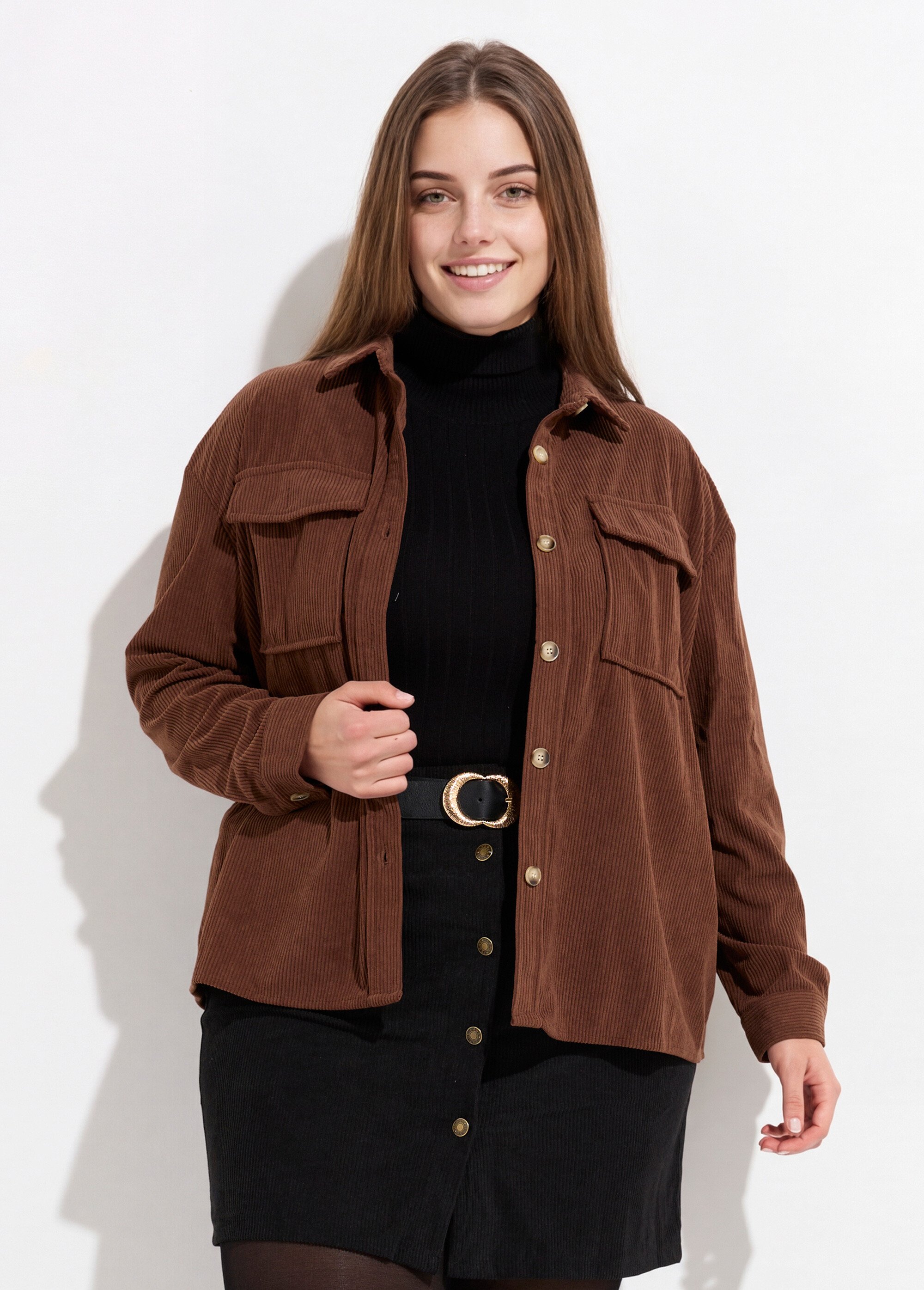 Chemise en velours grosses cotes Femme Grande Taille Marron MA-M1006-1621 FA1