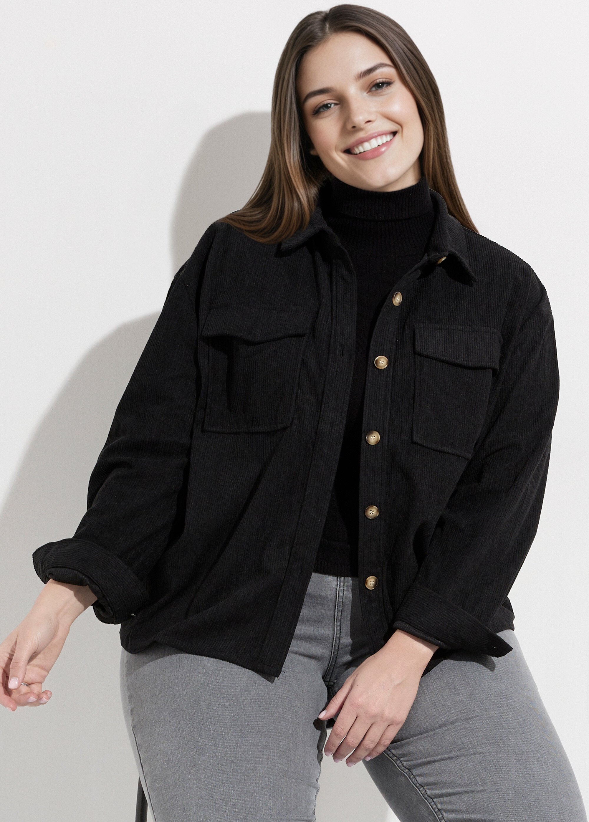 Chemise en velours grosses cotes Femme Grande Taille Noir MA-M1006-1621 MV1