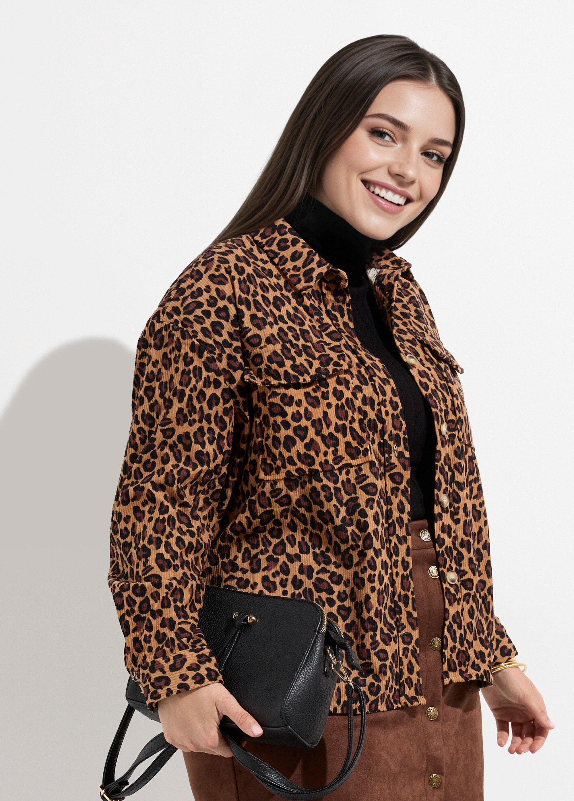 Chemise en velours imprimé léopard Femme Grande Taille Marron MA-M1006-2275 MV1