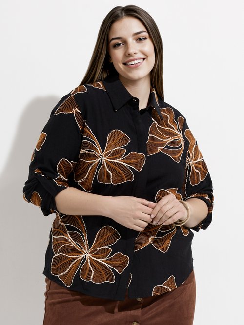 Chemisier avec broderies motif fleurs Femme Grande Taille Noir MA-008-2338 MV1