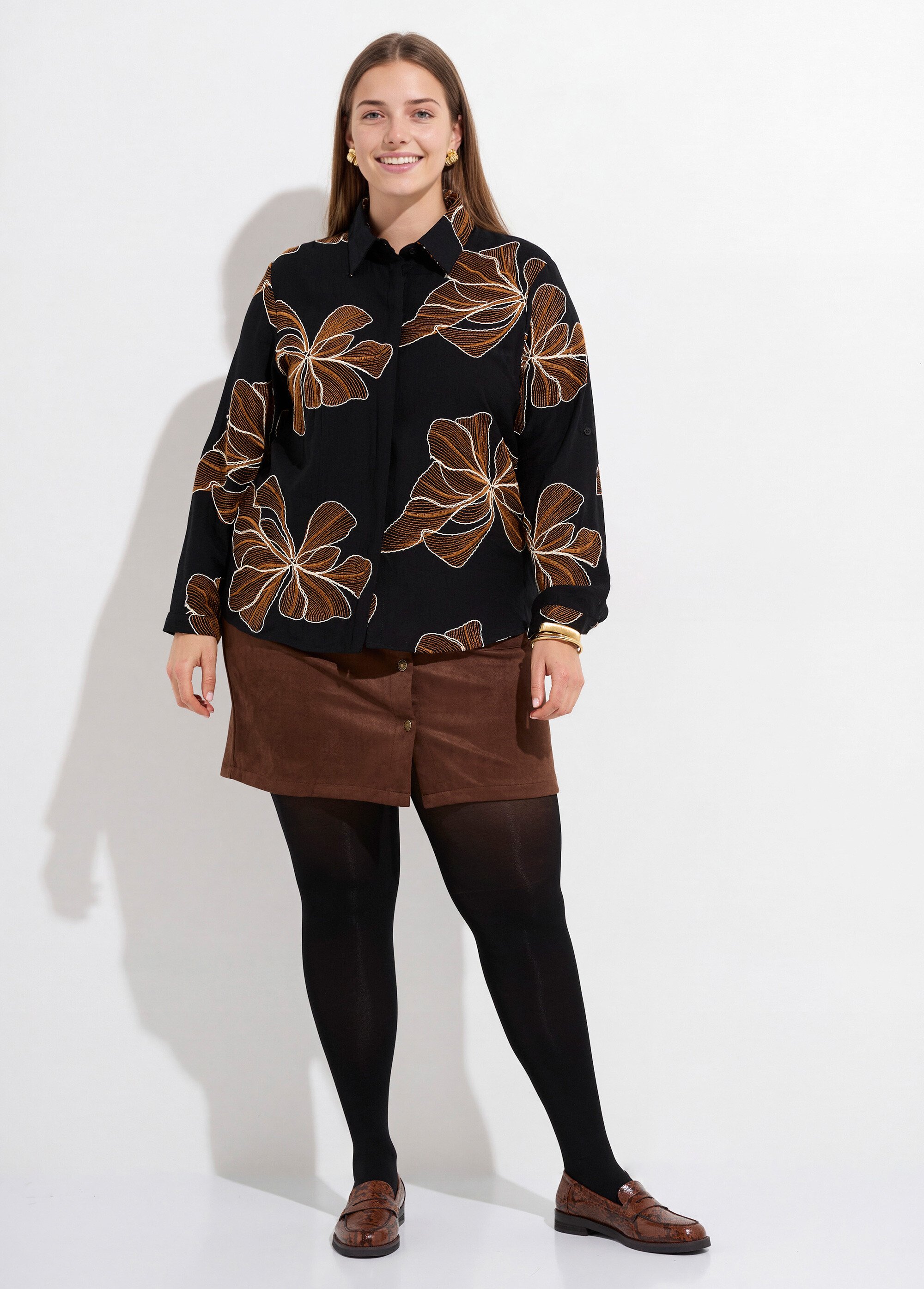 Chemisier avec broderies motif fleurs Femme Grande Taille Noir MA-008-2338 SF1