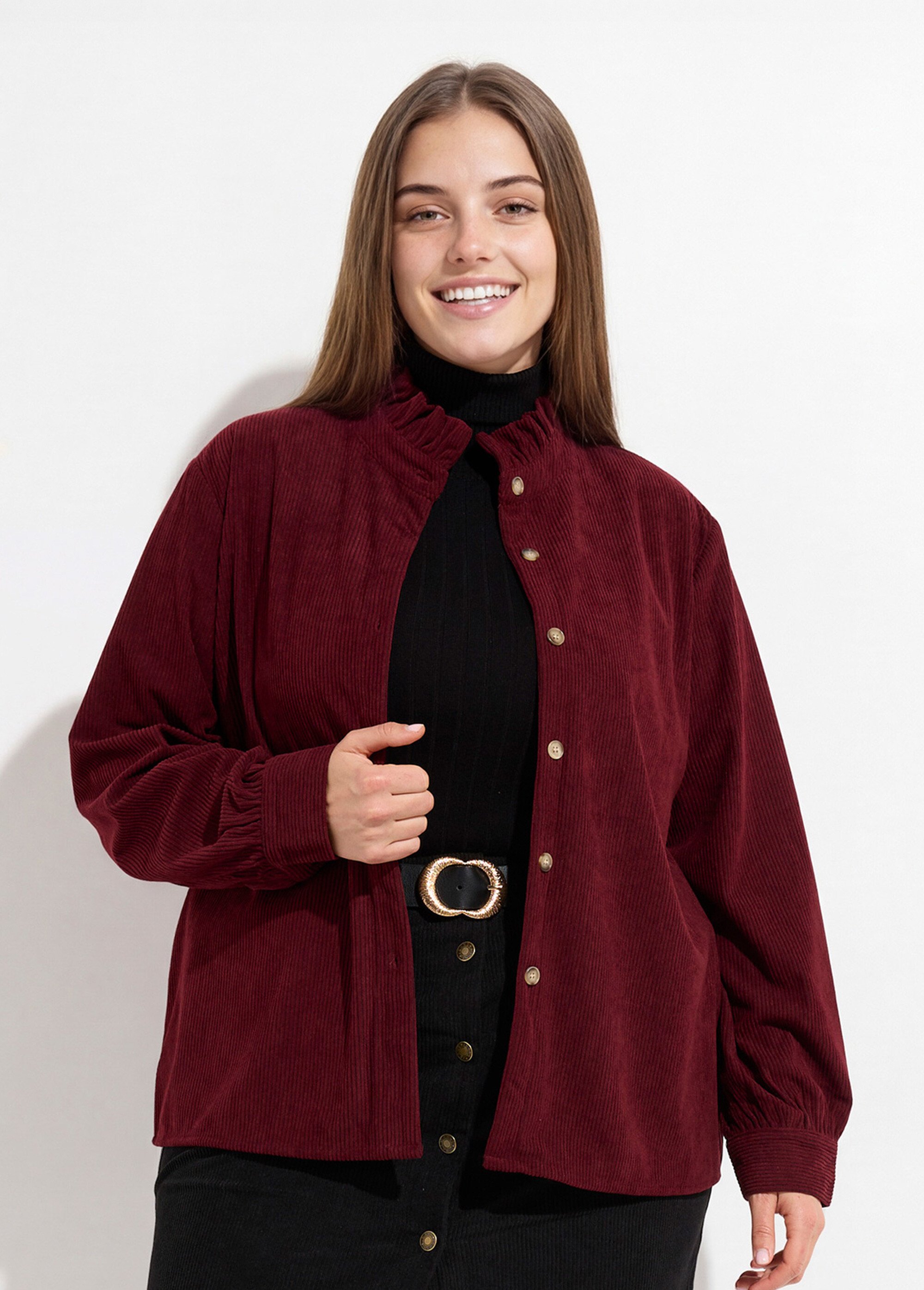 Chemisier col volanté velours grosses cotes Femme Grande Taille Rouge MA-M1252-1621 FA1