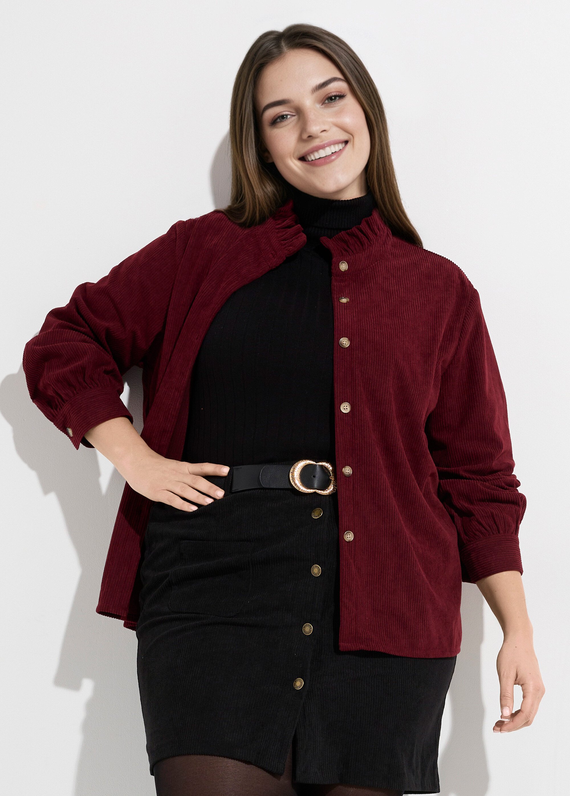 Chemisier col volanté velours grosses cotes Femme Grande Taille Rouge MA-M1252-1621 MV1