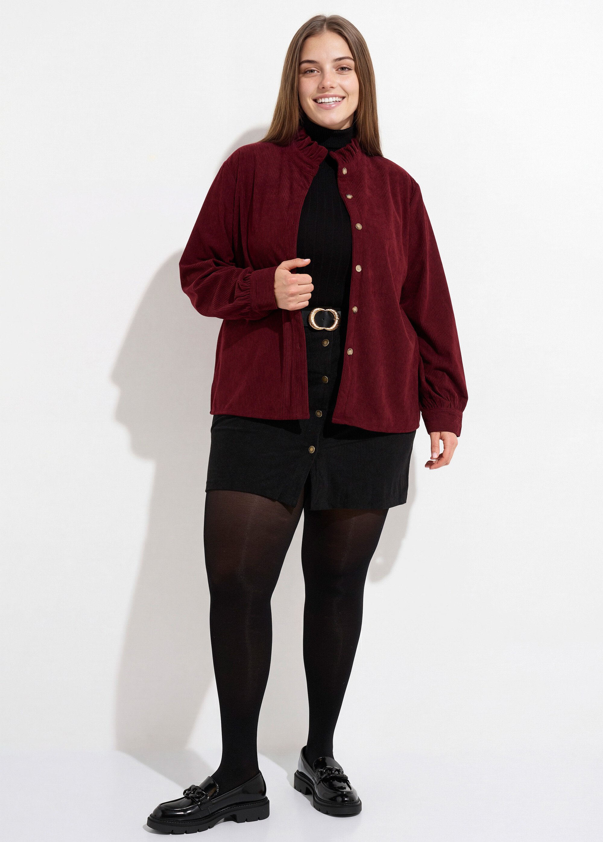 Chemisier col volanté velours grosses cotes Femme Grande Taille Rouge MA-M1252-1621 SF1