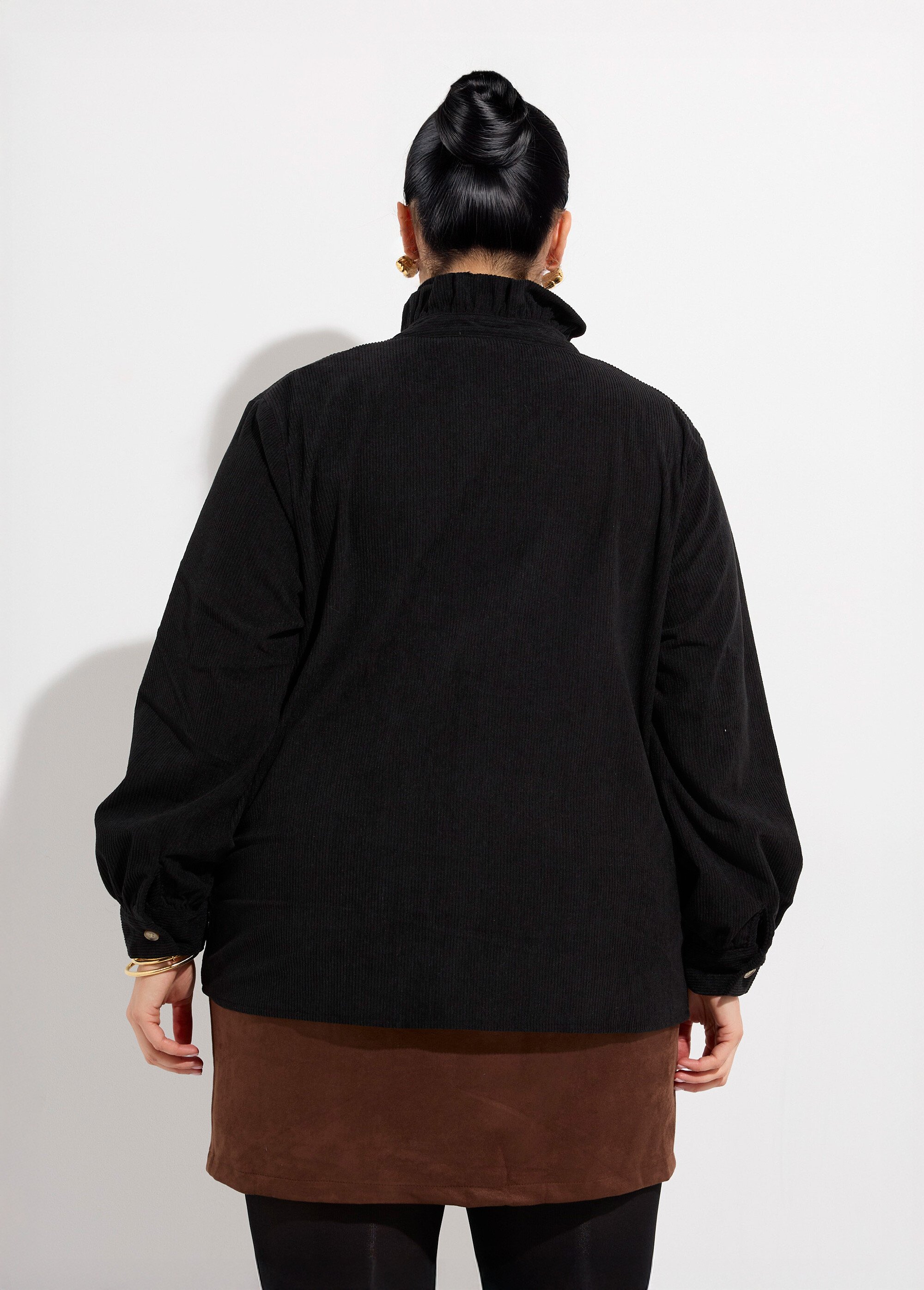 Chemisier col volanté velours grosses cotes Femme Grande Taille Noir MA-M1252-1621 DO1