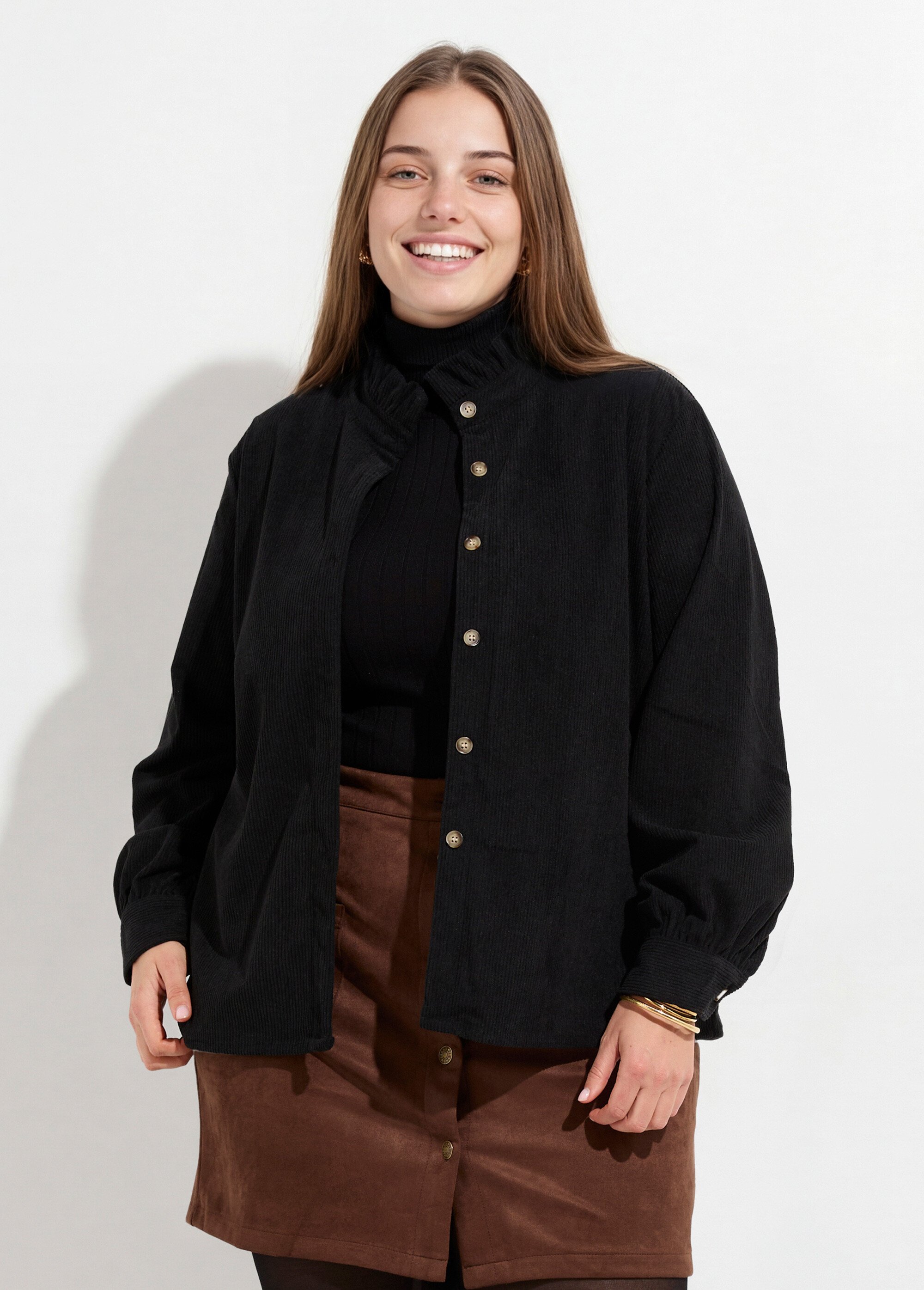 Chemisier col volanté velours grosses cotes Femme Grande Taille Noir MA-M1252-1621 FA1