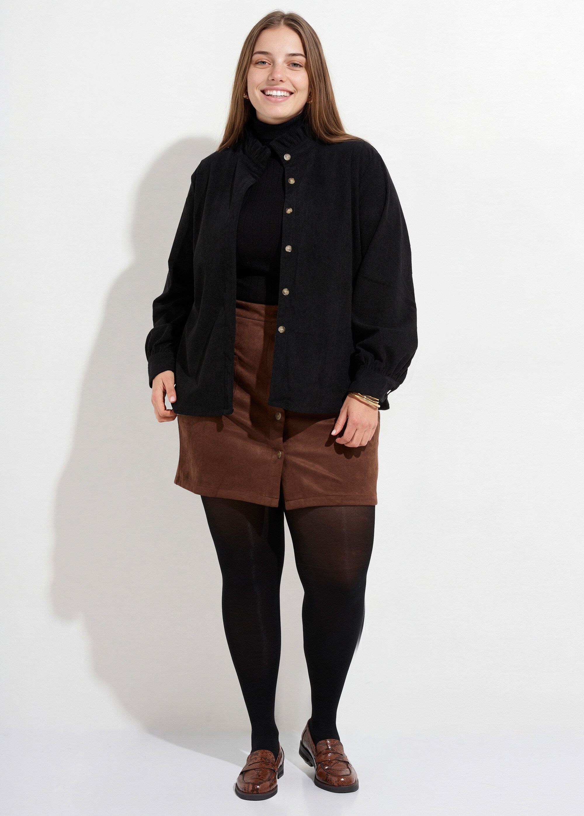 Chemisier col volanté velours grosses cotes Femme Grande Taille Noir MA-M1252-1621 SF1