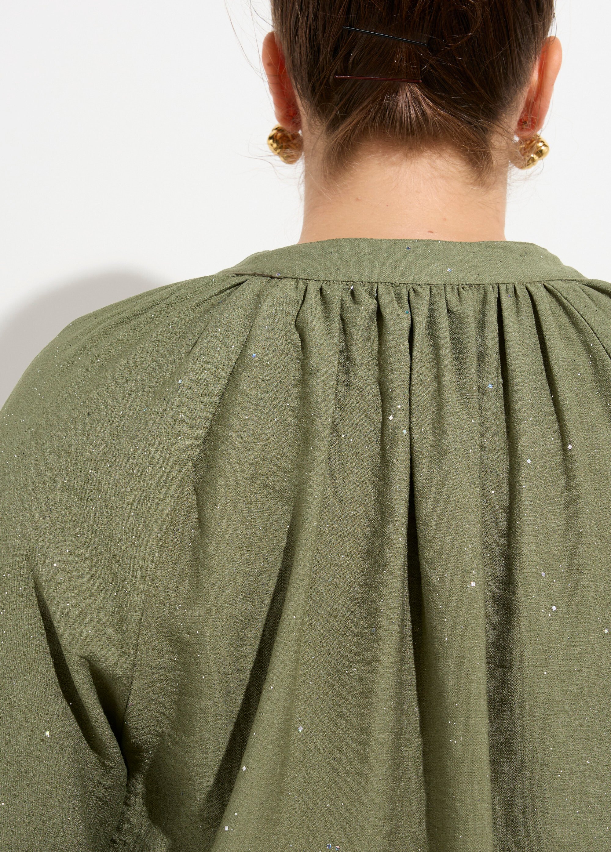 Chemisier uni pailleté et plissé, col V Femme Grande Taille Vert CHY-F612-4 DE2