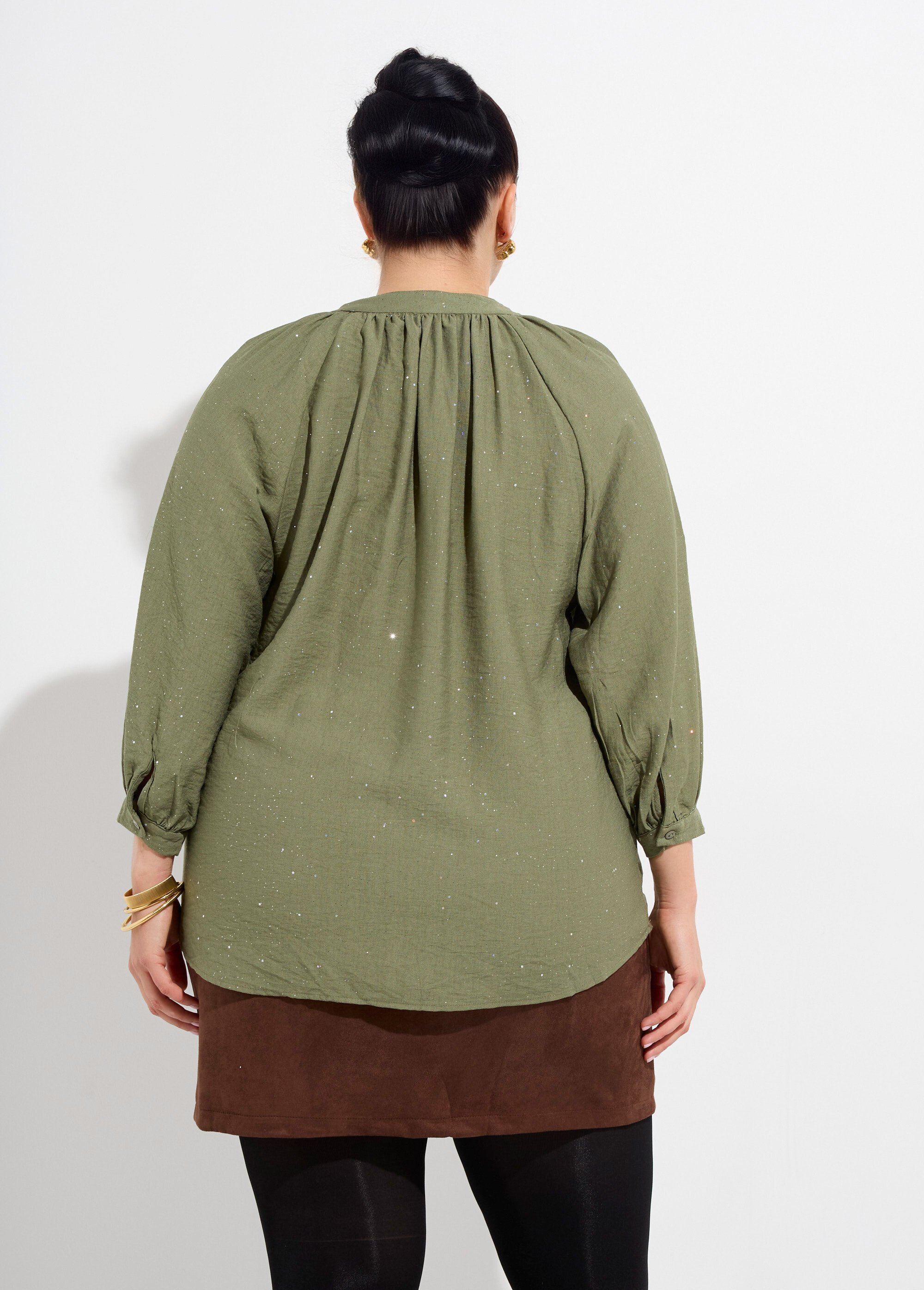 Chemisier uni pailleté et plissé, col V Femme Grande Taille Vert CHY-F612-4 DO1