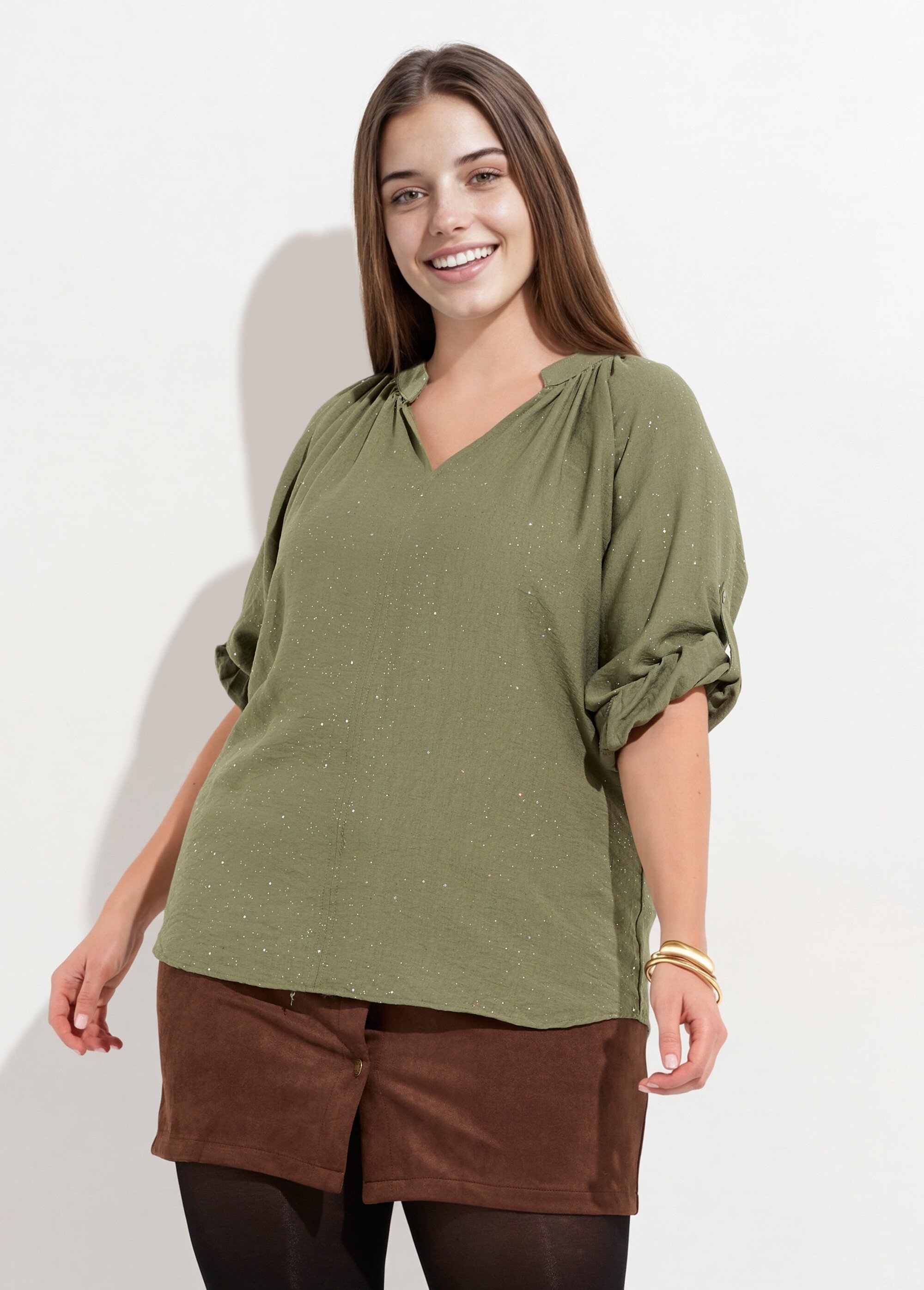 Chemisier uni pailleté et plissé, col V Femme Grande Taille Vert CHY-F612-4 FA1