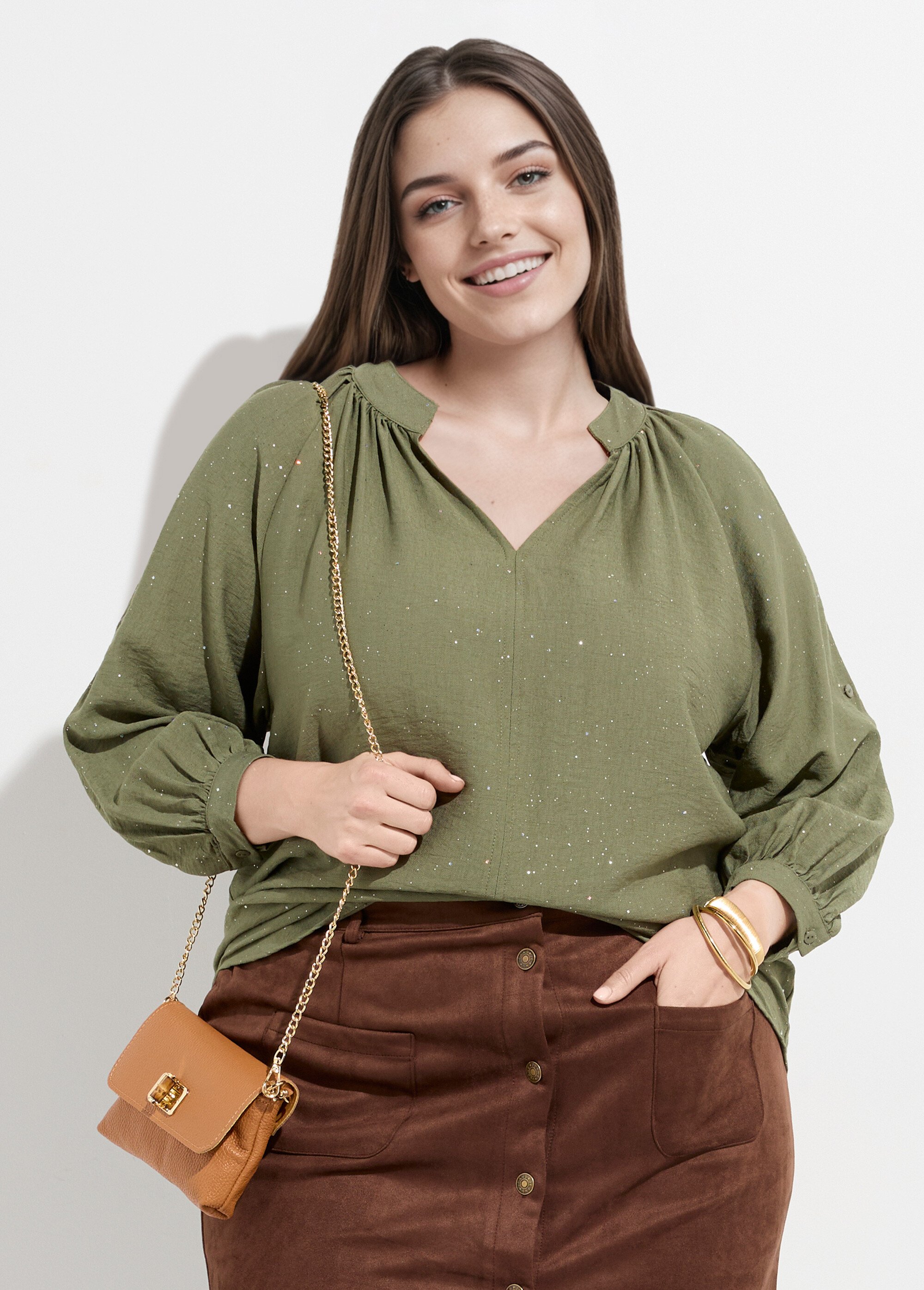 Chemisier uni pailleté et plissé, col V Femme Grande Taille Vert CHY-F612-4 MV1