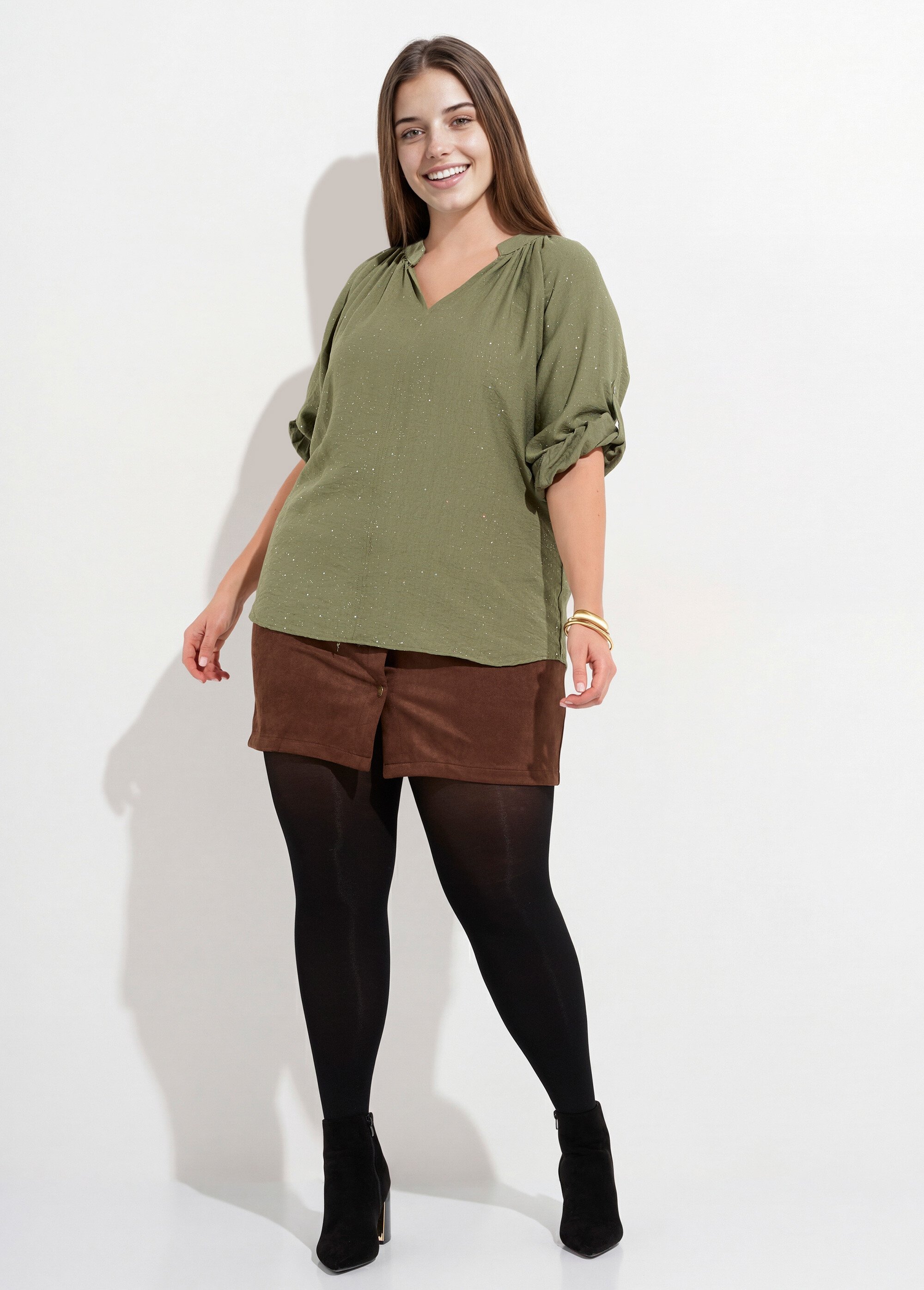 Chemisier uni pailleté et plissé, col V Femme Grande Taille Vert CHY-F612-4 SF1