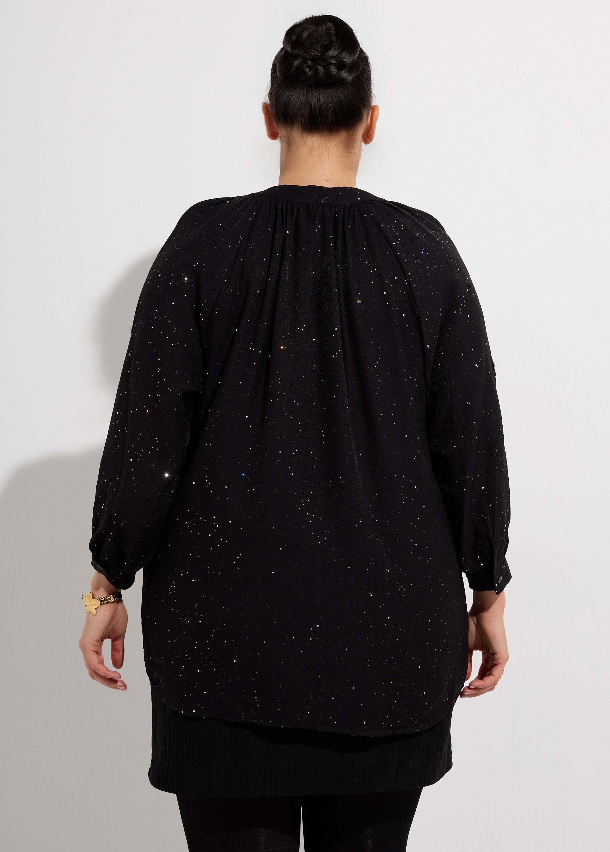 Chemisier uni pailleté et plissé, col V Femme Grande Taille Noir CHY-F612-4 DO1