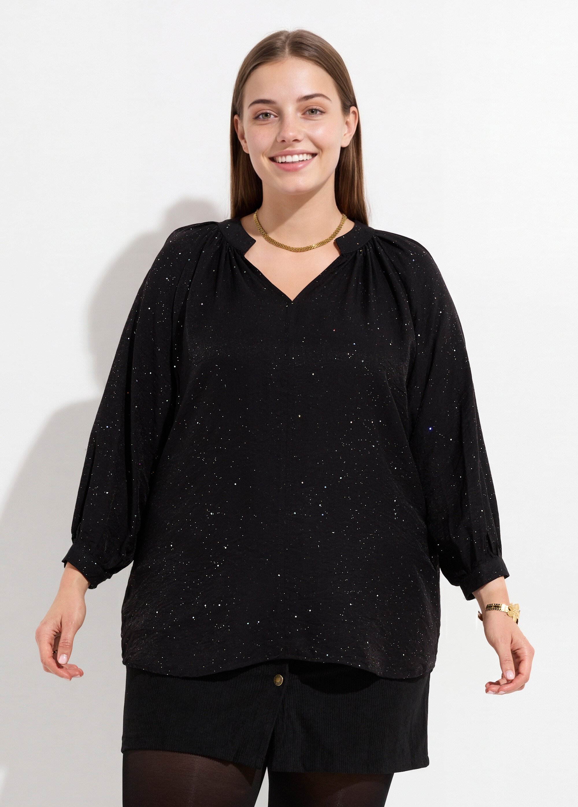 Chemisier uni pailleté et plissé, col V Femme Grande Taille Noir CHY-F612-4 FA1