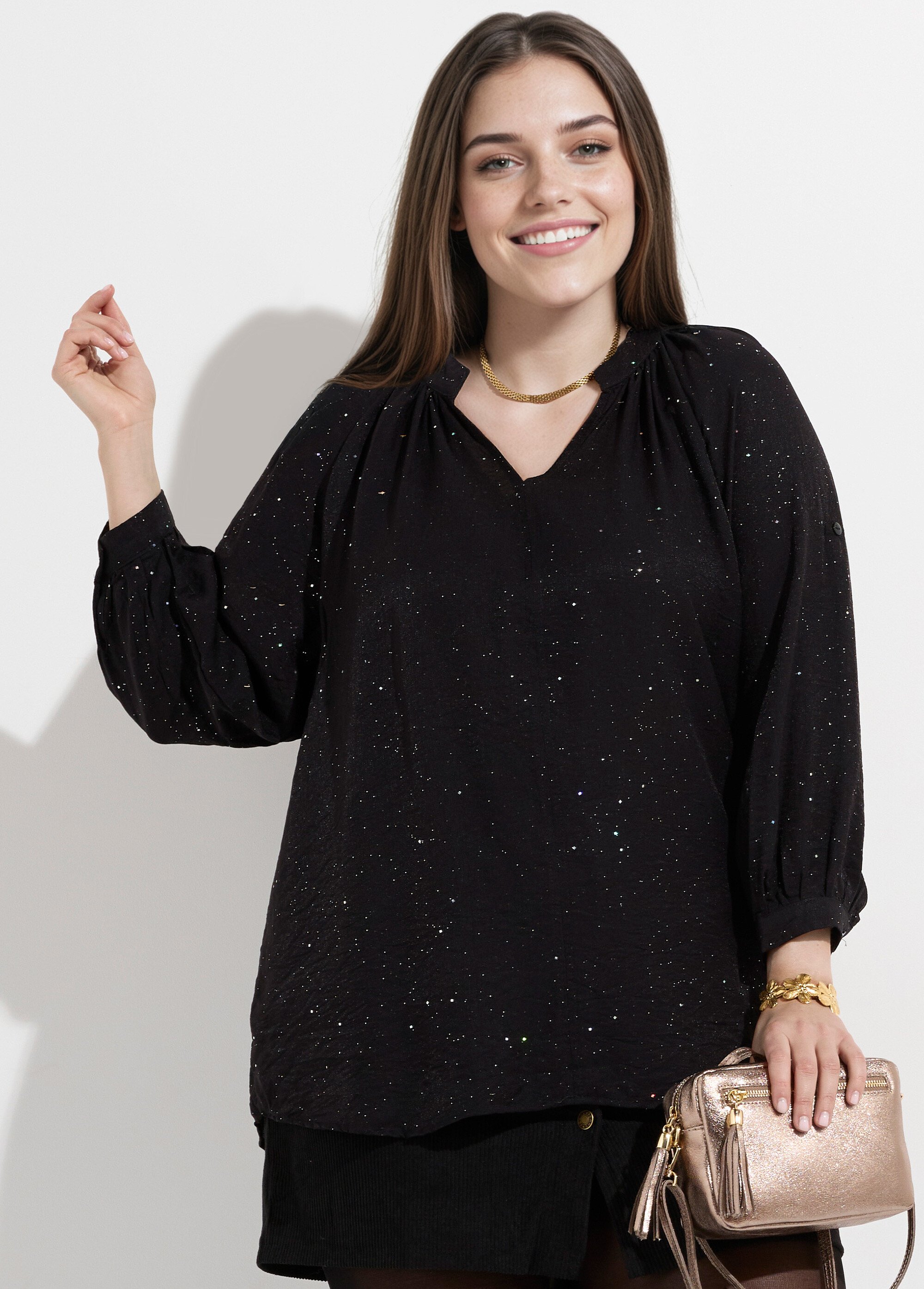 Chemisier uni pailleté et plissé, col V Femme Grande Taille Noir CHY-F612-4 MV2