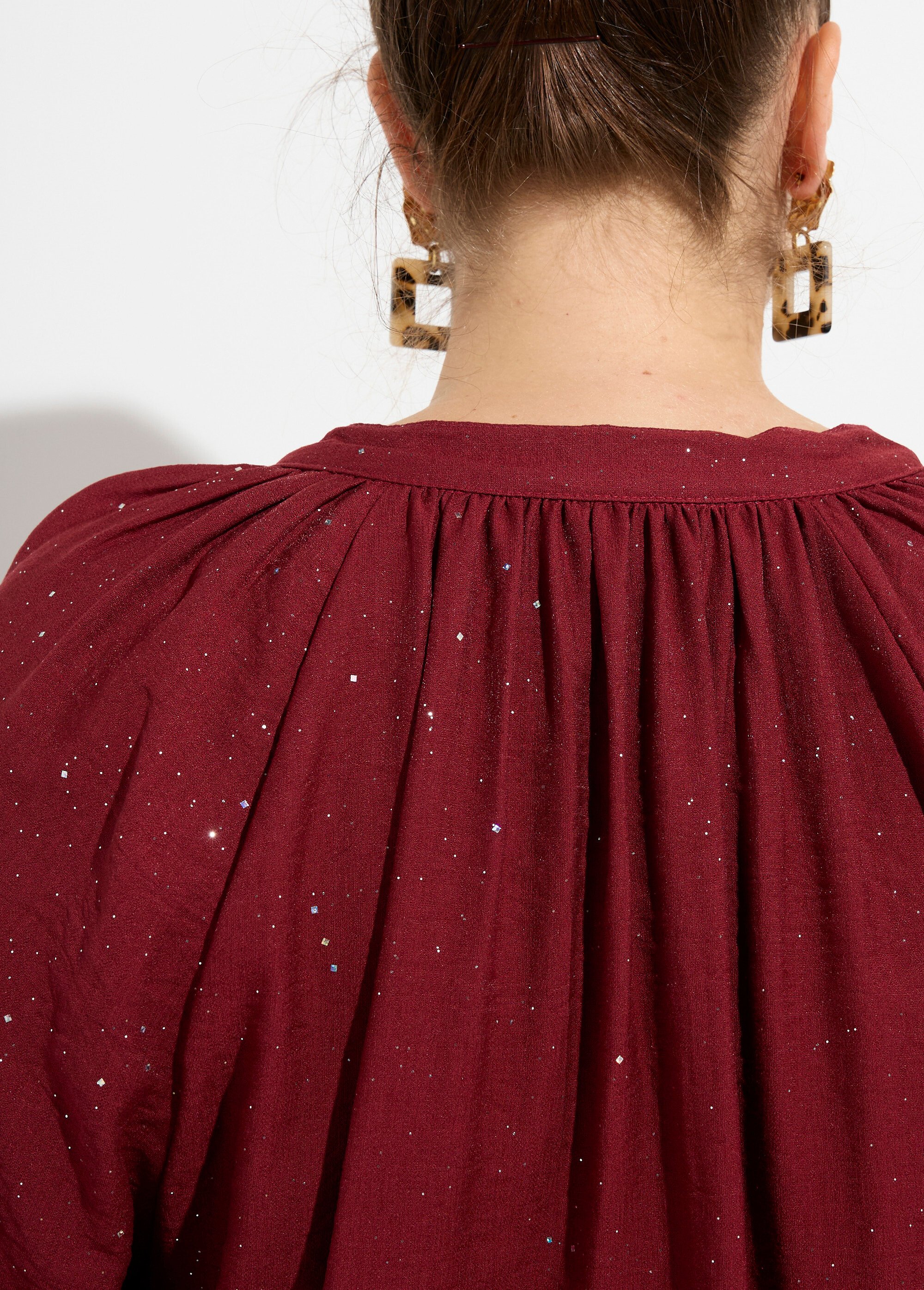 Chemisier uni pailleté et plissé, col V Femme Grande Taille Rouge CHY-F612-4 DE2