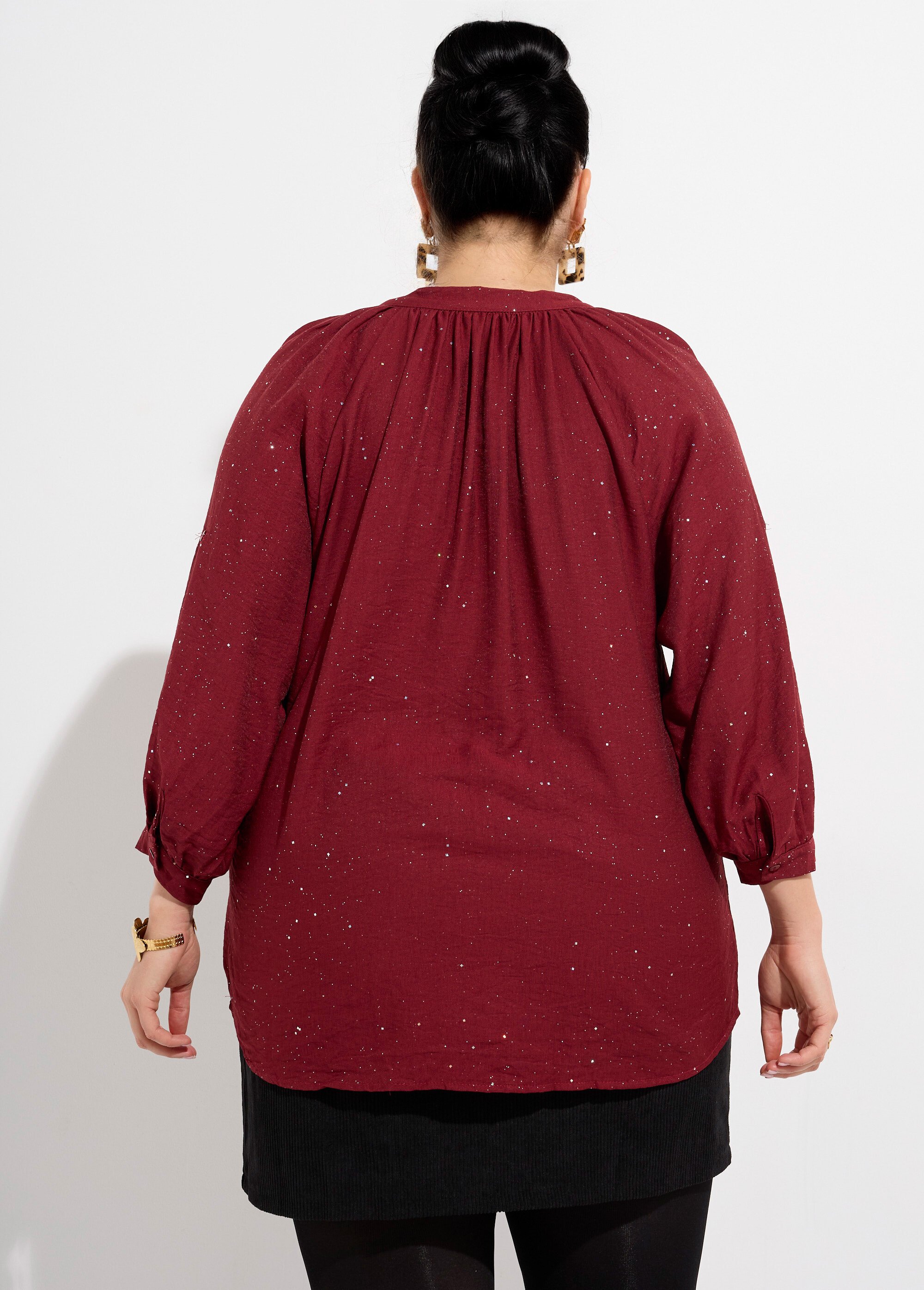 Chemisier uni pailleté et plissé, col V Femme Grande Taille Rouge CHY-F612-4 DO1